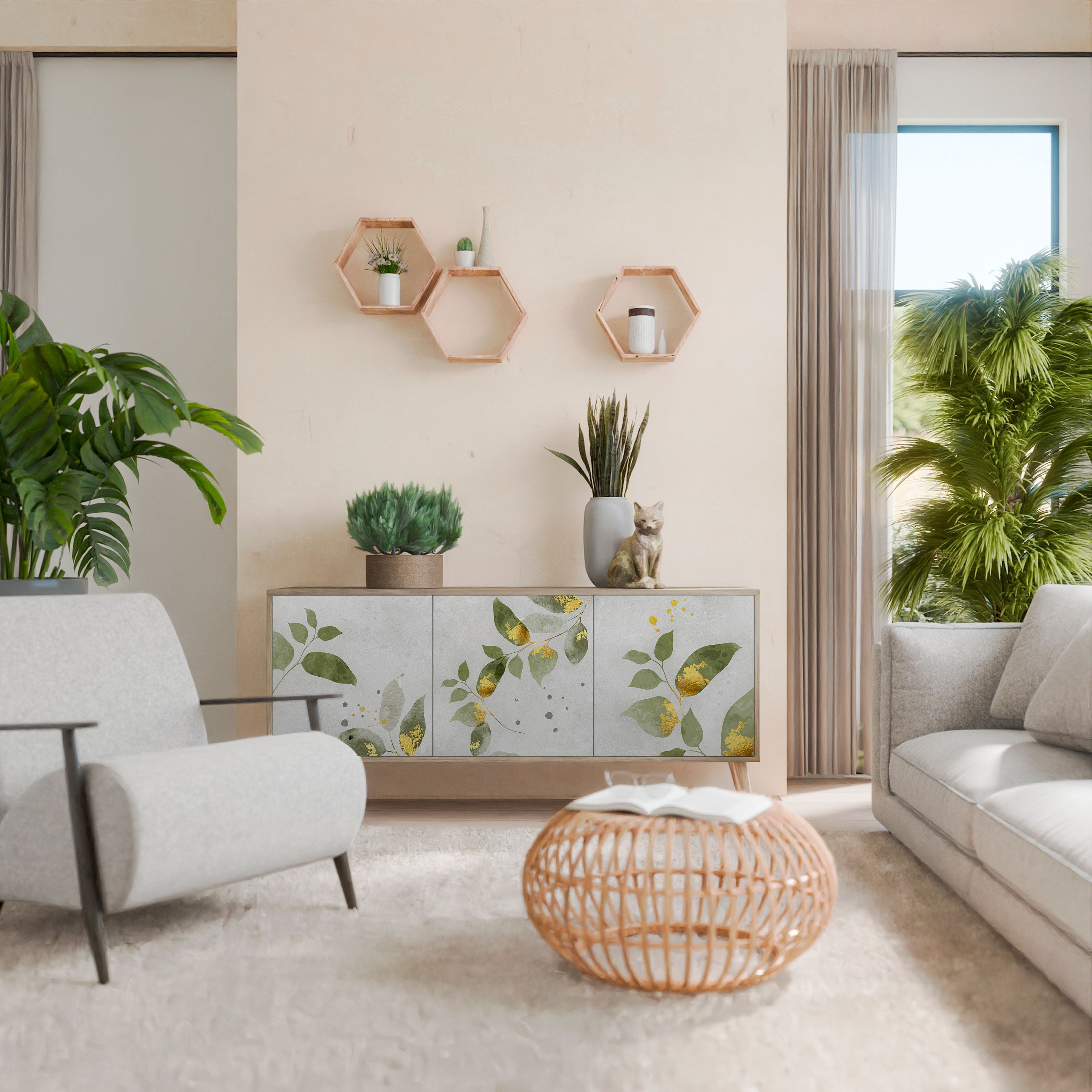 ELEGANT BOTANICS Τρίθυρο Μπουφές σε Απόχρωση Δρυός