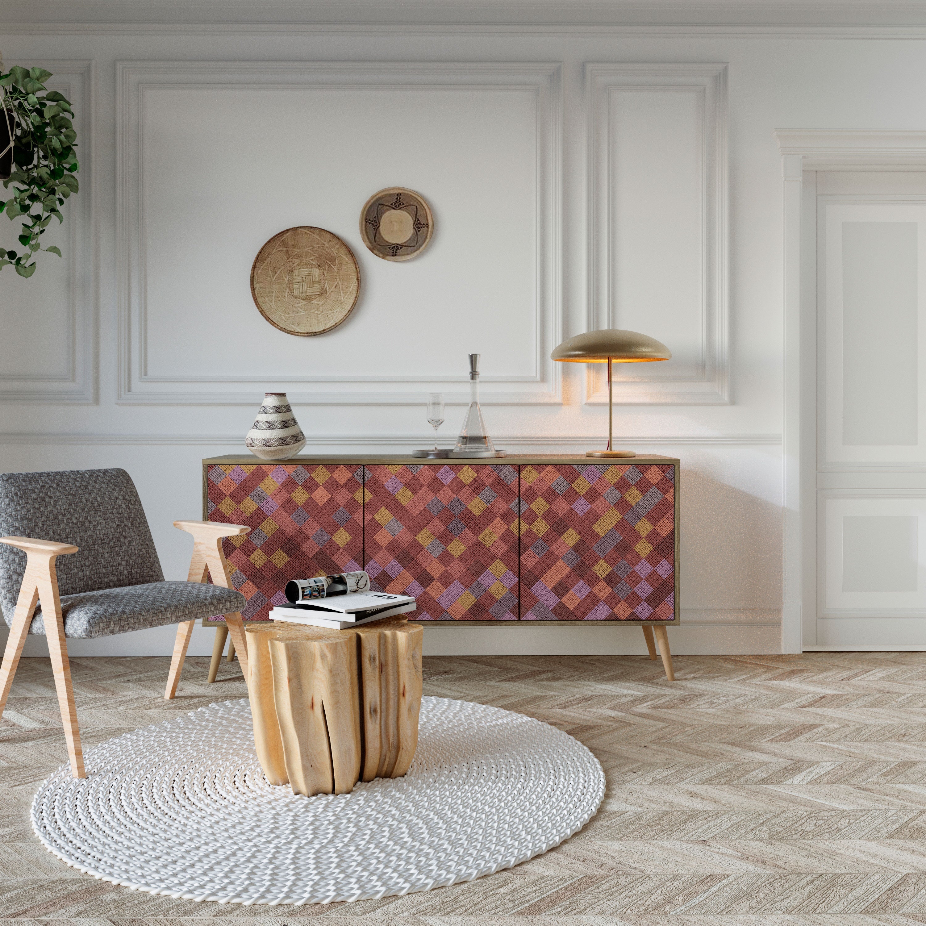 PAINTED SQUARES 3-Door Sideboard in Oak Effect