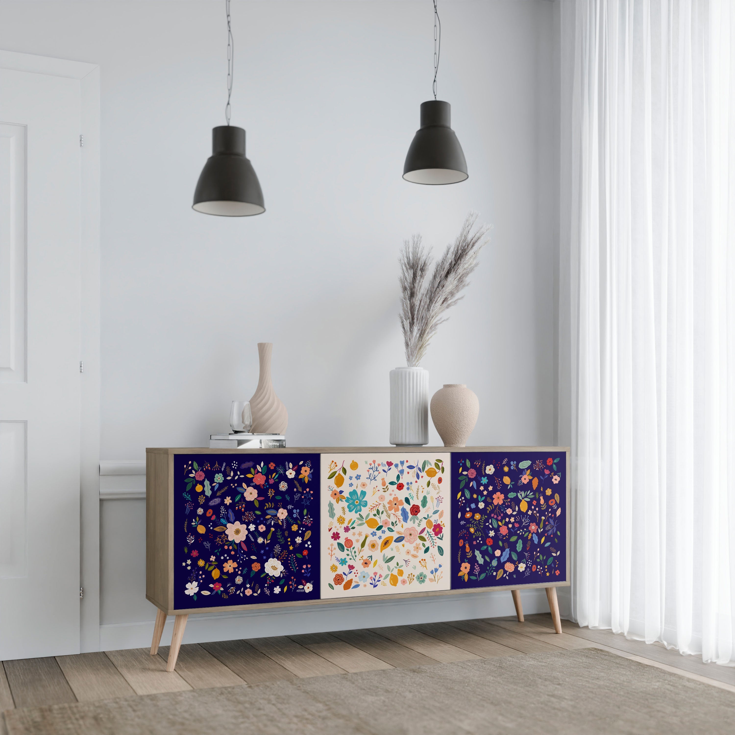 FLORAL COMBINATION 3-Door Sideboard in Oak Effect