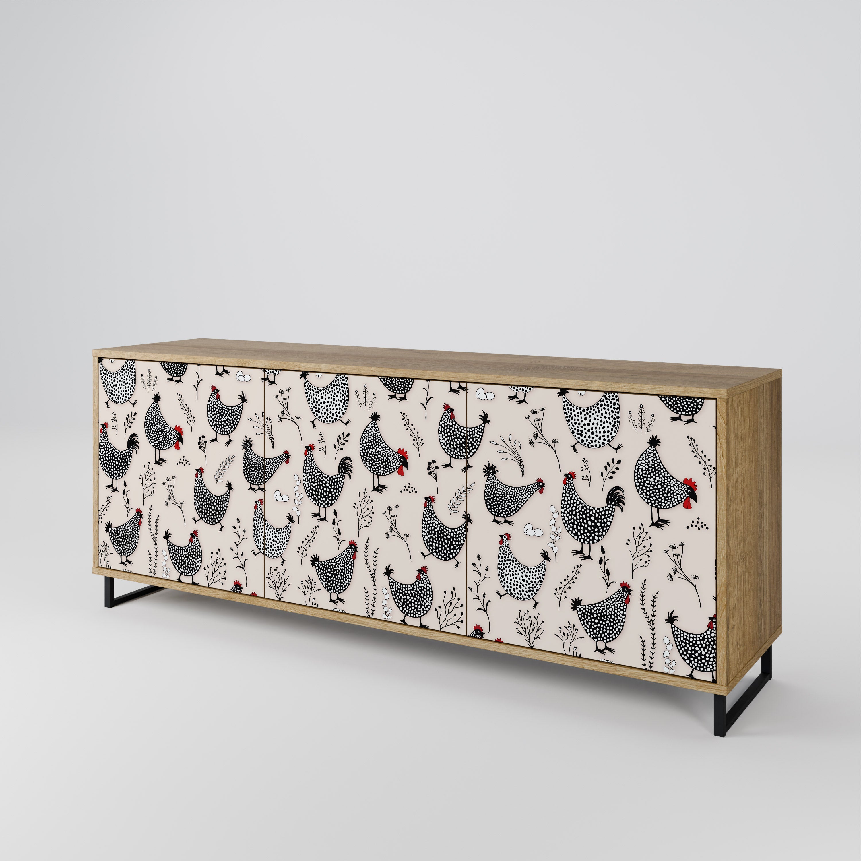 HAPPY HENS 3-Door Sideboard in Oak Effect