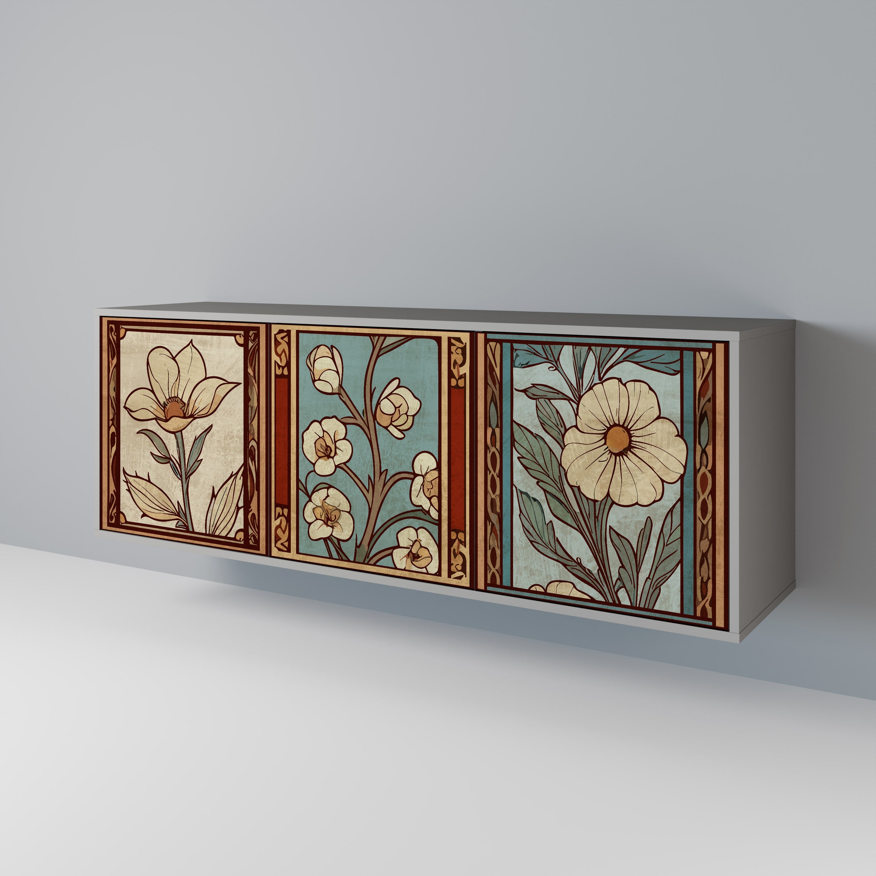 TIMELESS FLORA Τρίθυρο Μπουφές σε Γκρι Φινίρισμα