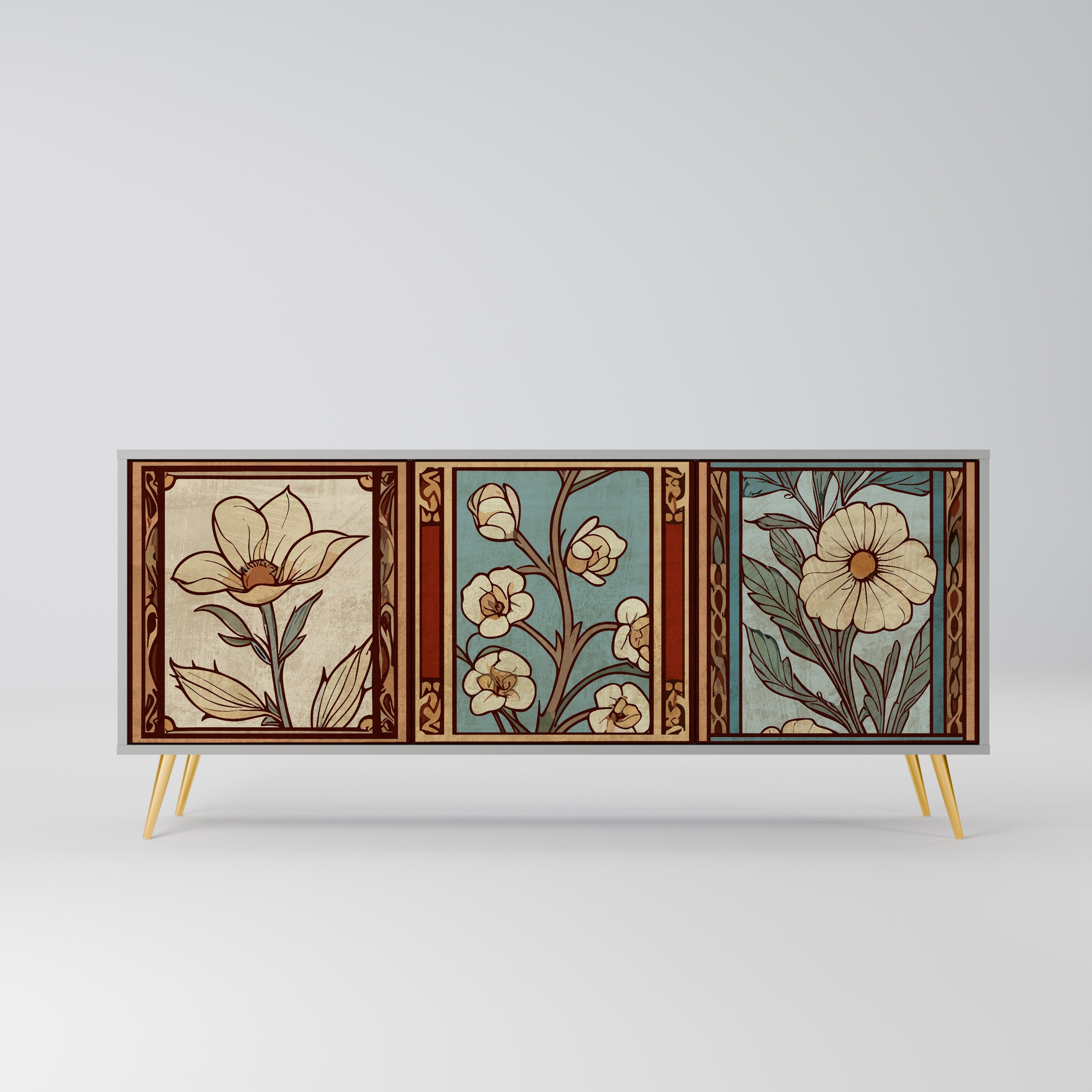 TIMELESS FLORA Τρίθυρο Μπουφές σε Γκρι Φινίρισμα