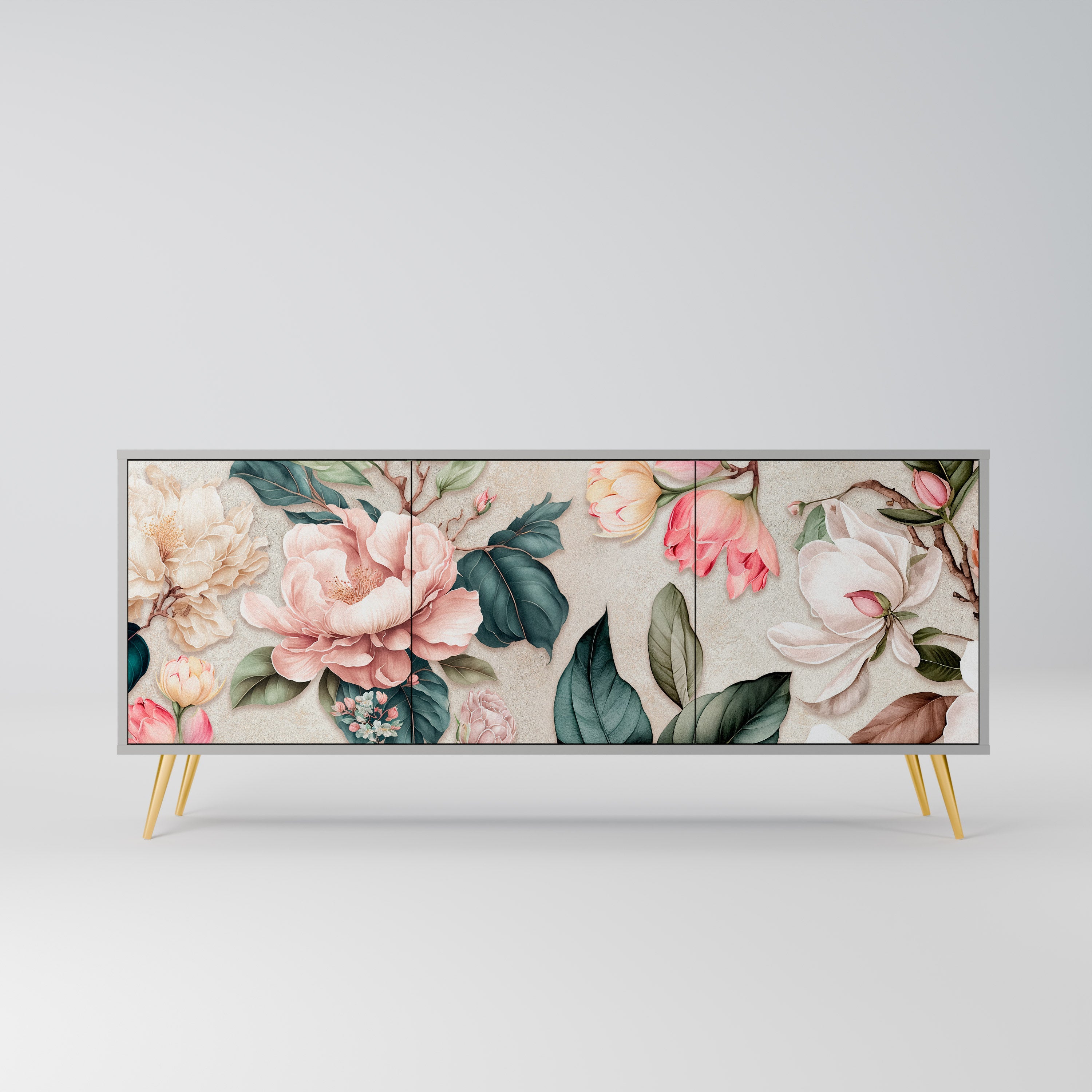 FLORAL GRACE 3-Door Sideboard in Grey Finish