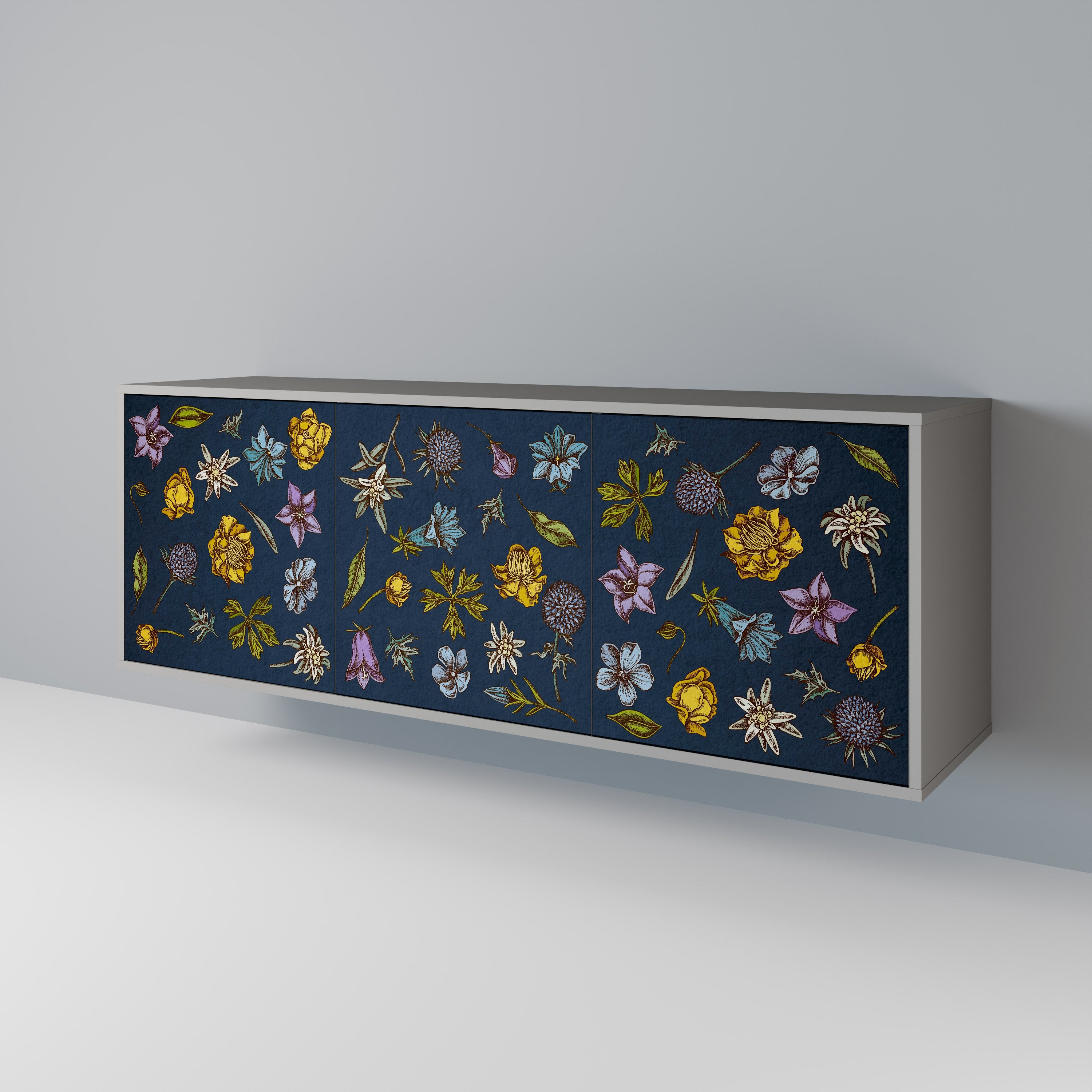 Μπουφές 3 θυρών FLOWERS ON NAVY BLUE σε γκρι φινίρισμα