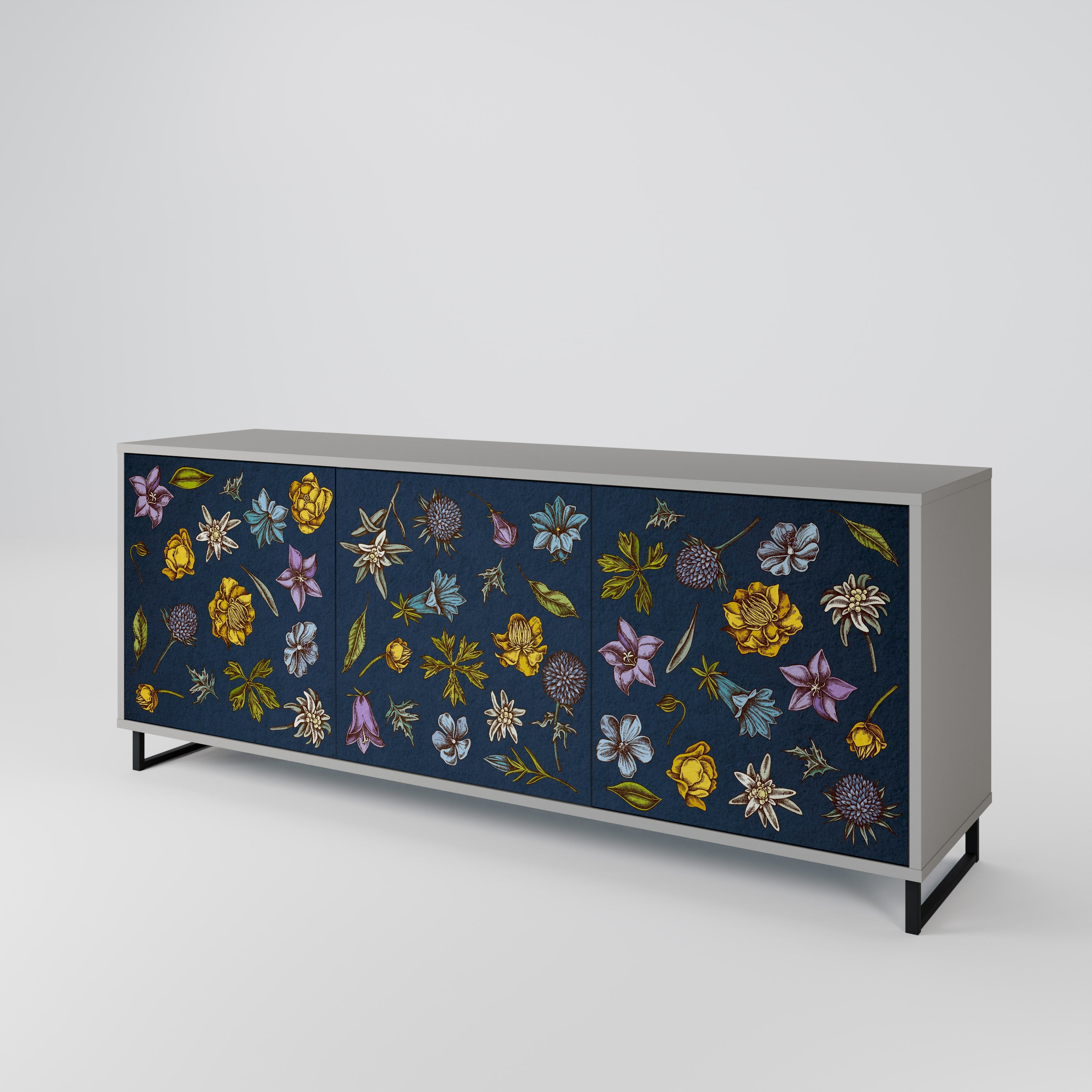 Μπουφές 3 θυρών FLOWERS ON NAVY BLUE σε γκρι φινίρισμα