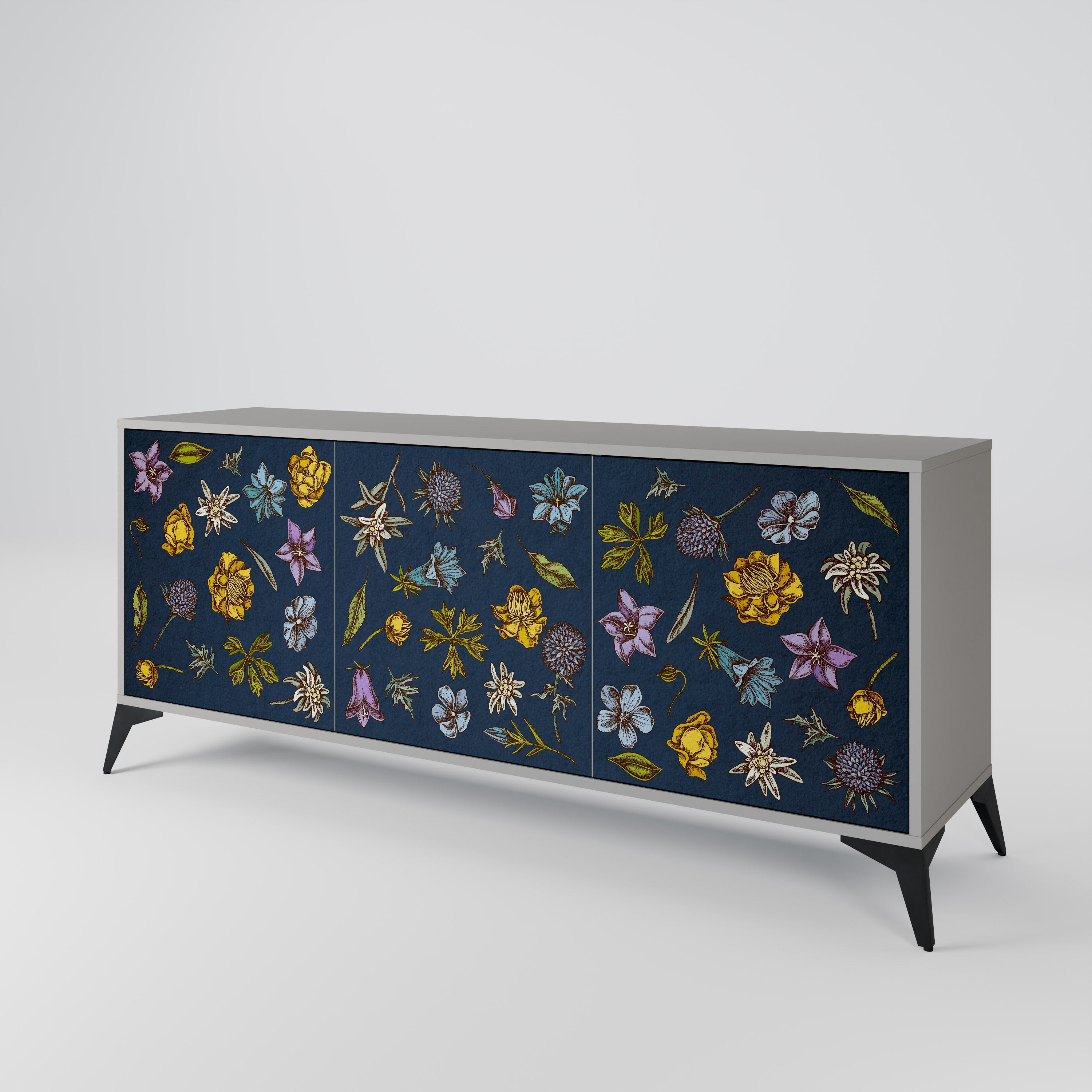 Μπουφές 3 θυρών FLOWERS ON NAVY BLUE σε γκρι φινίρισμα