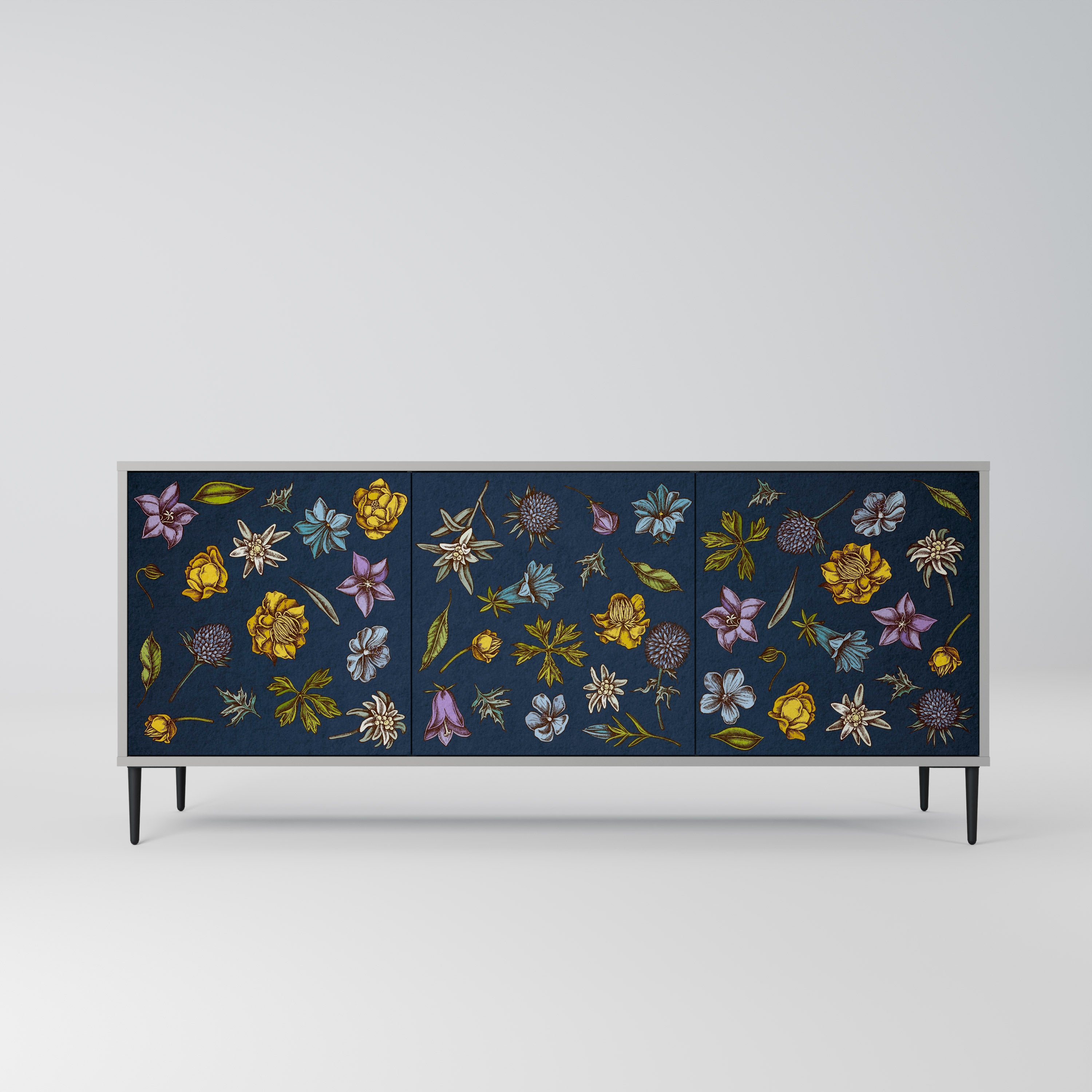 Μπουφές 3 θυρών FLOWERS ON NAVY BLUE σε γκρι φινίρισμα
