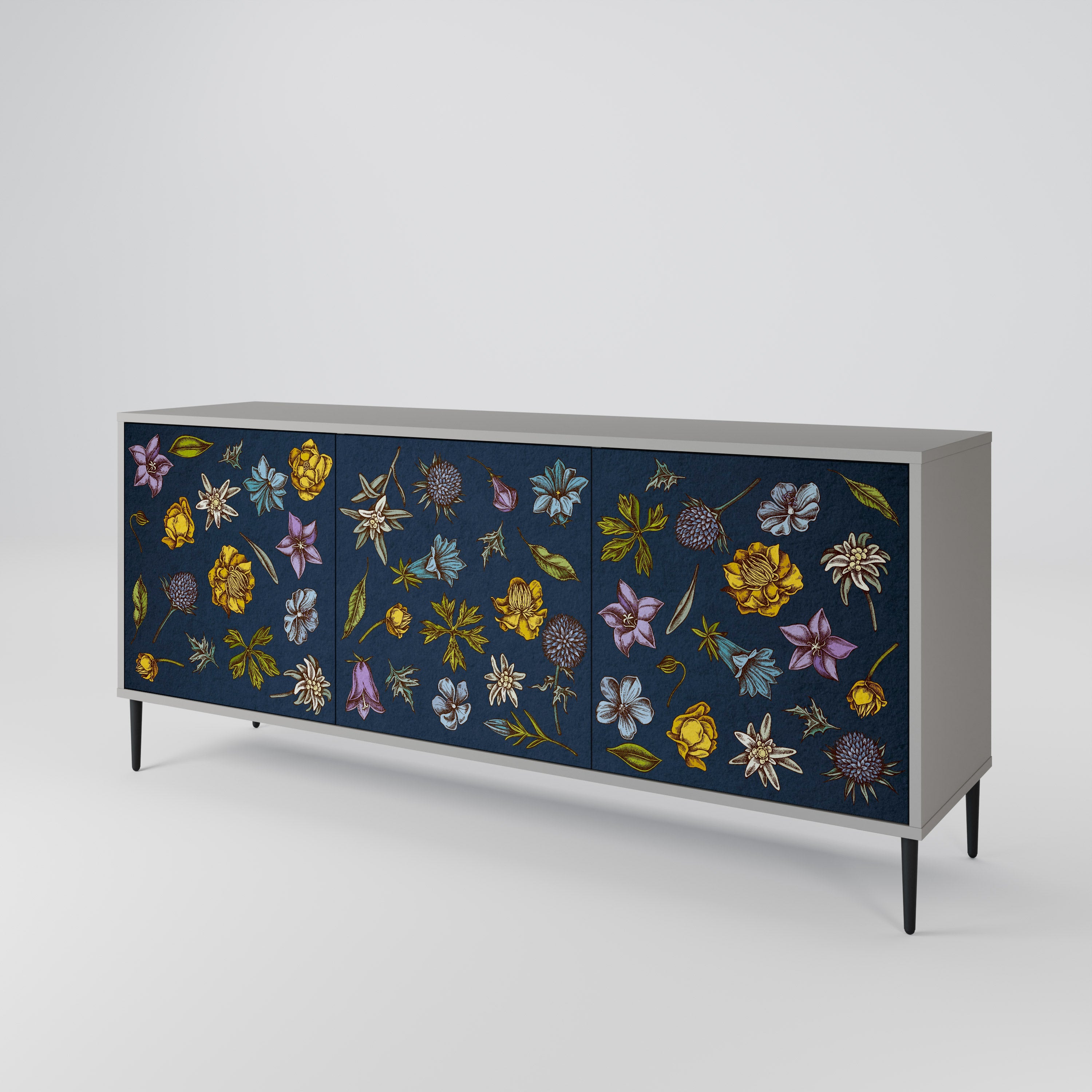 Μπουφές 3 θυρών FLOWERS ON NAVY BLUE σε γκρι φινίρισμα