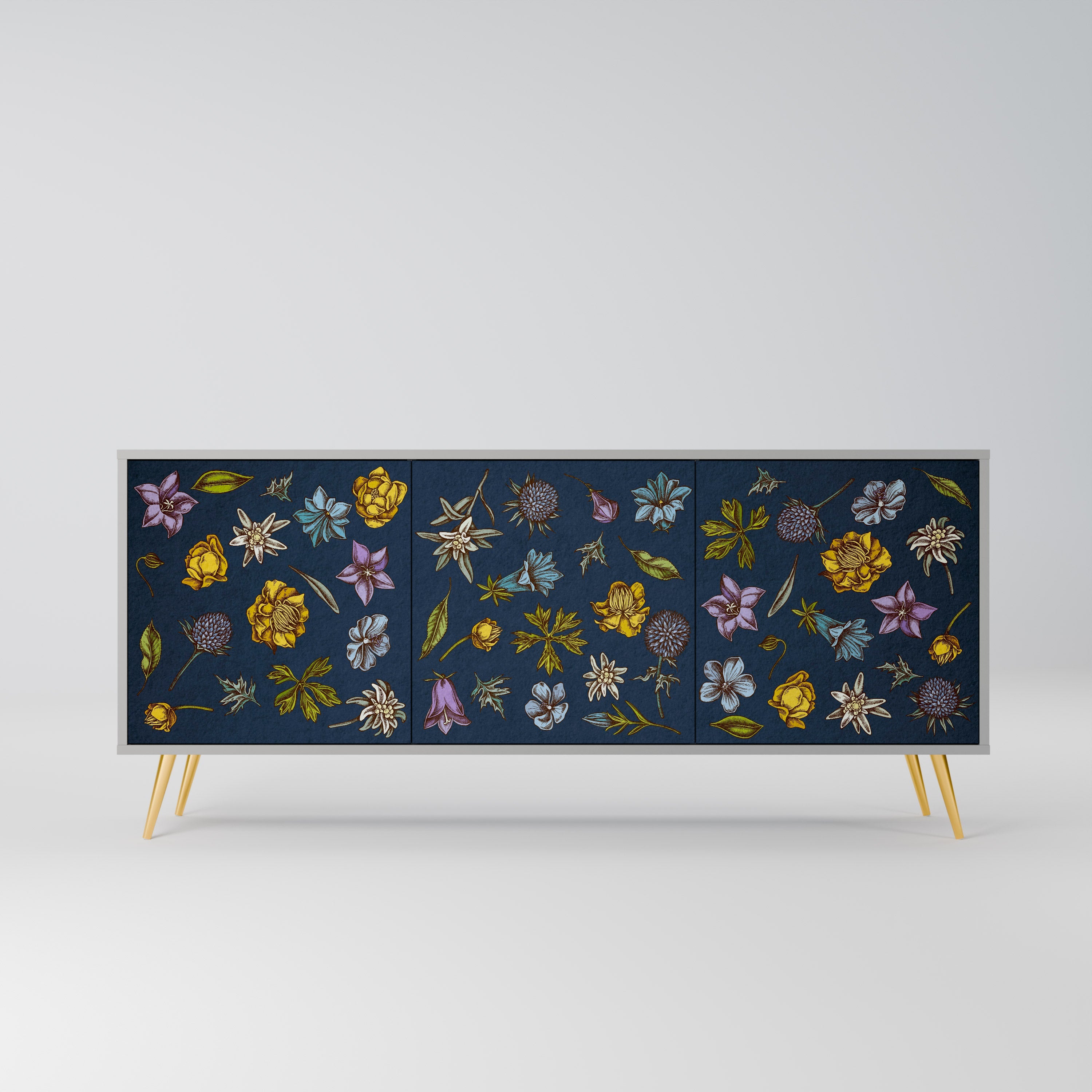 Μπουφές 3 θυρών FLOWERS ON NAVY BLUE σε γκρι φινίρισμα