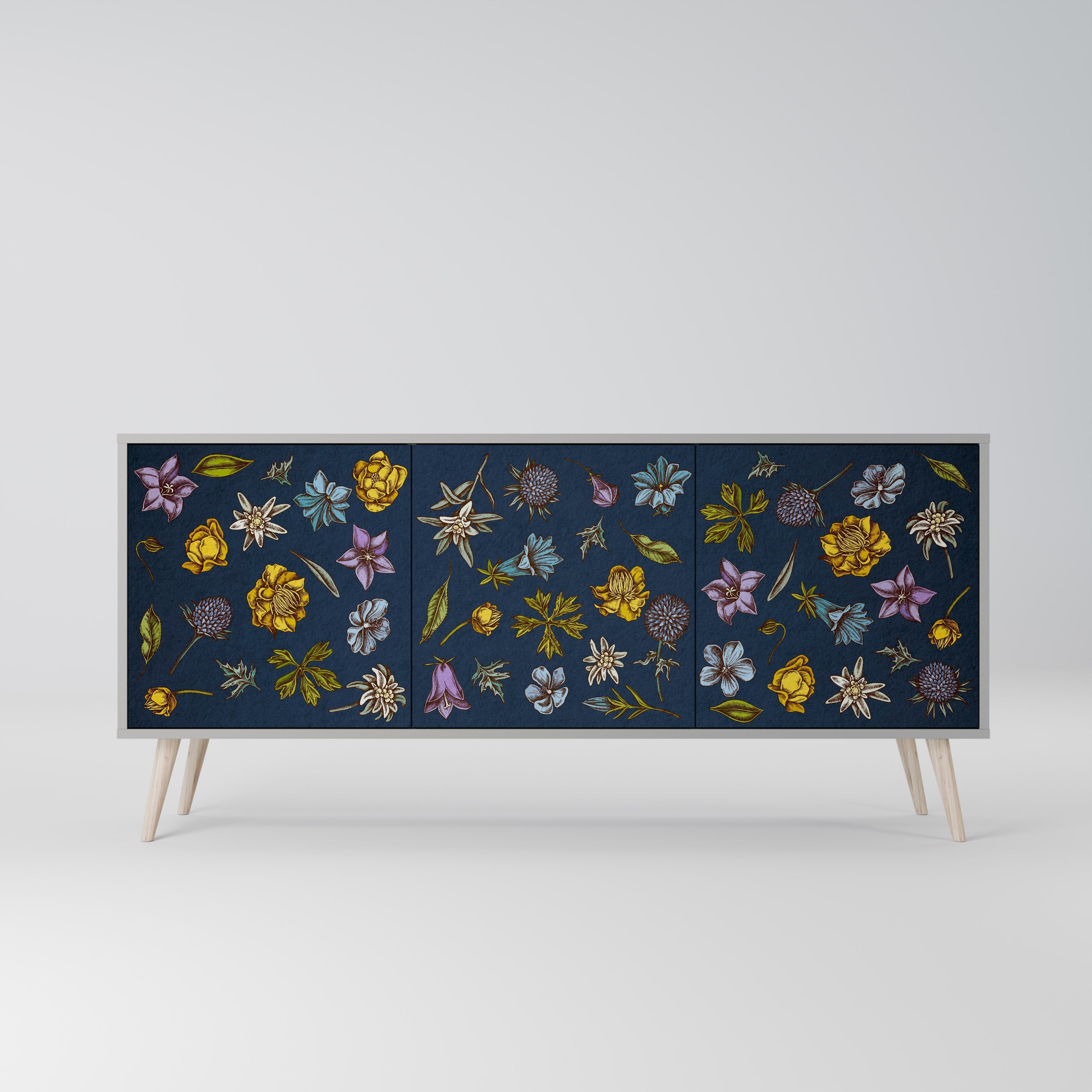 Μπουφές 3 θυρών FLOWERS ON NAVY BLUE σε γκρι φινίρισμα