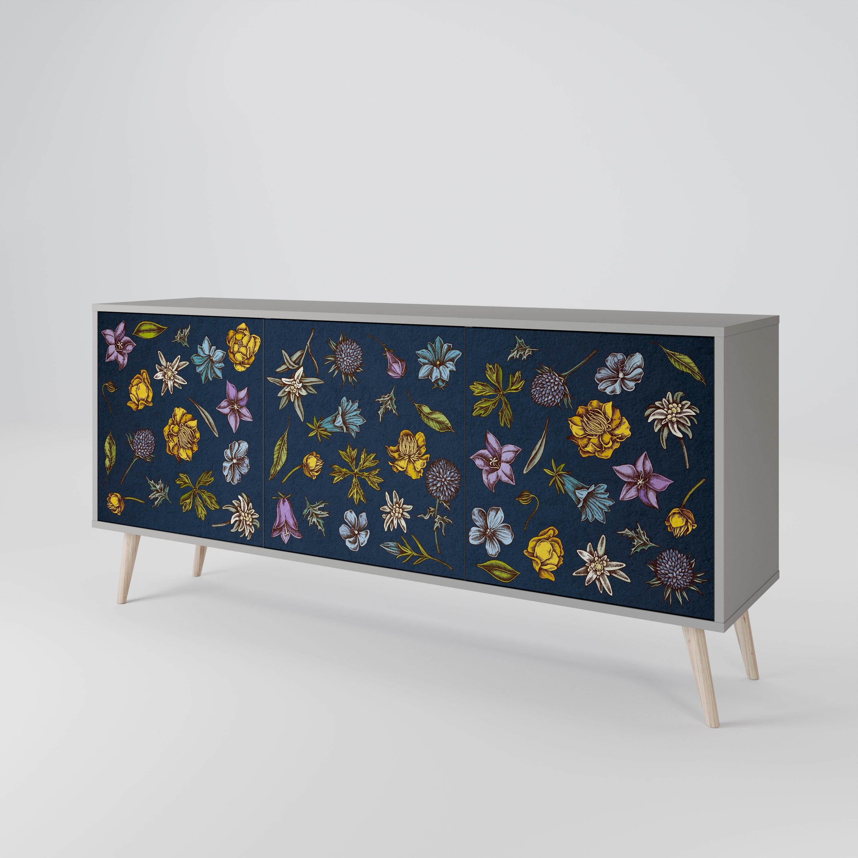 Μπουφές 3 θυρών FLOWERS ON NAVY BLUE σε γκρι φινίρισμα