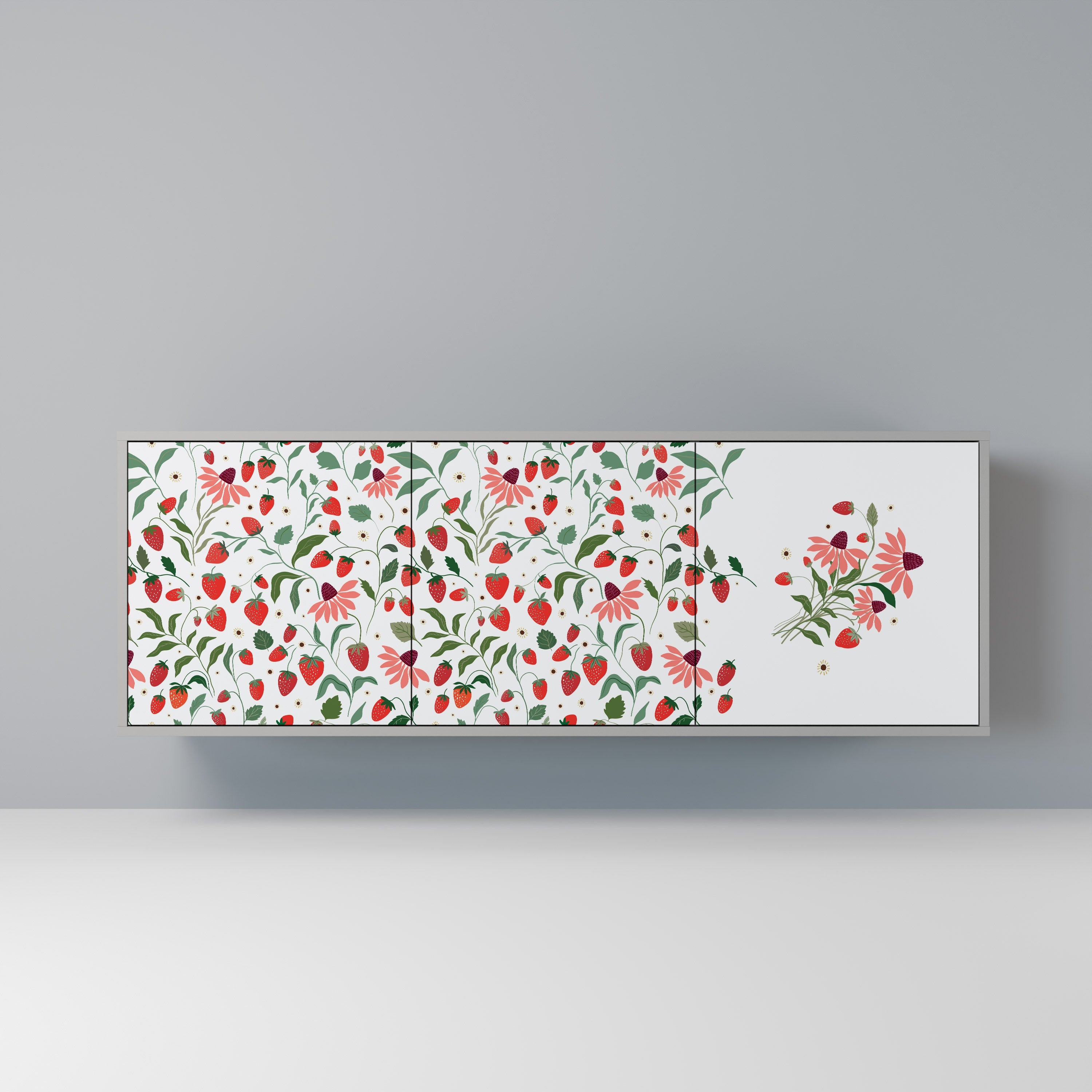 Μπουφές 3 θυρών FLOWERS AND STRAWBERRIES σε γκρι φινίρισμα