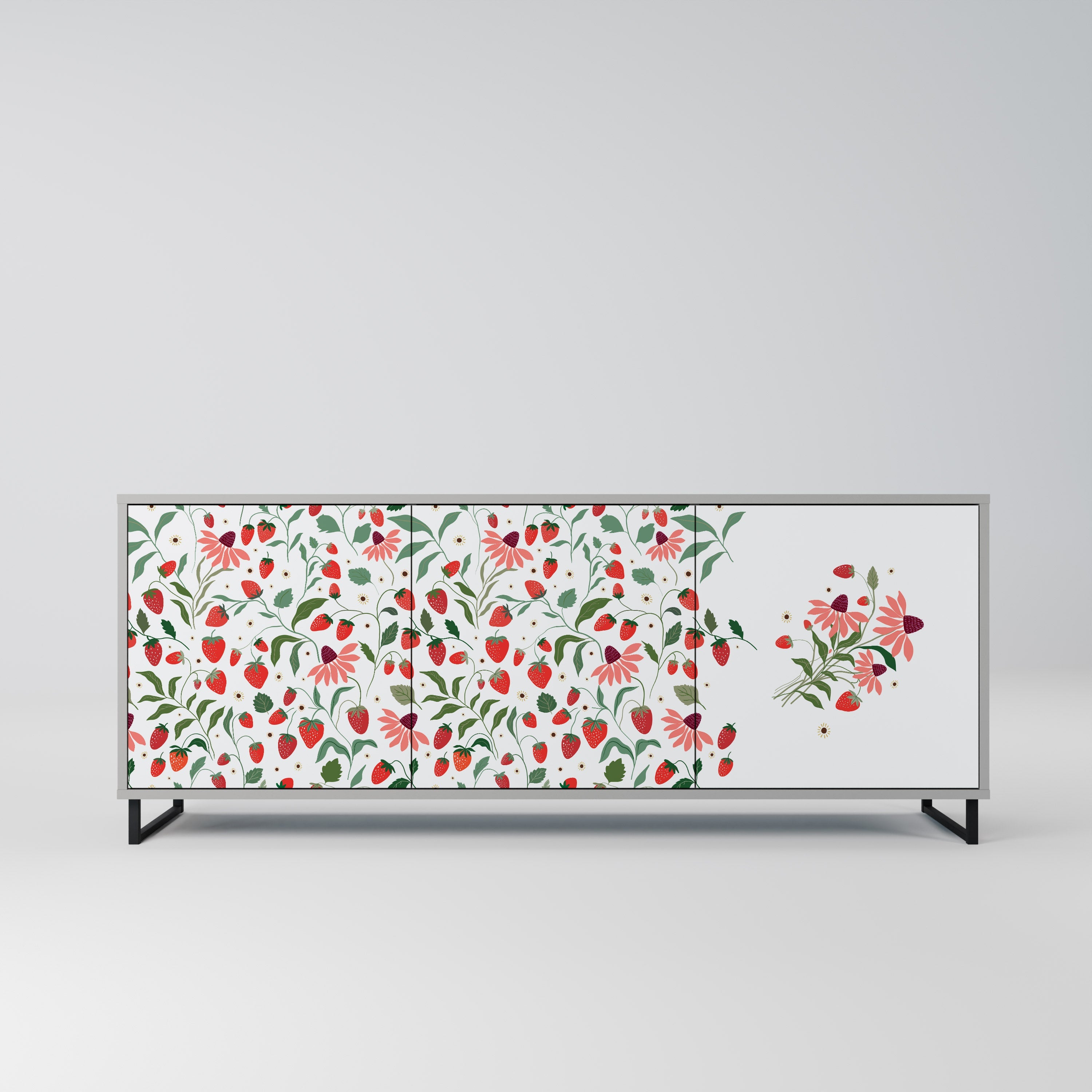 Μπουφές 3 θυρών FLOWERS AND STRAWBERRIES σε γκρι φινίρισμα