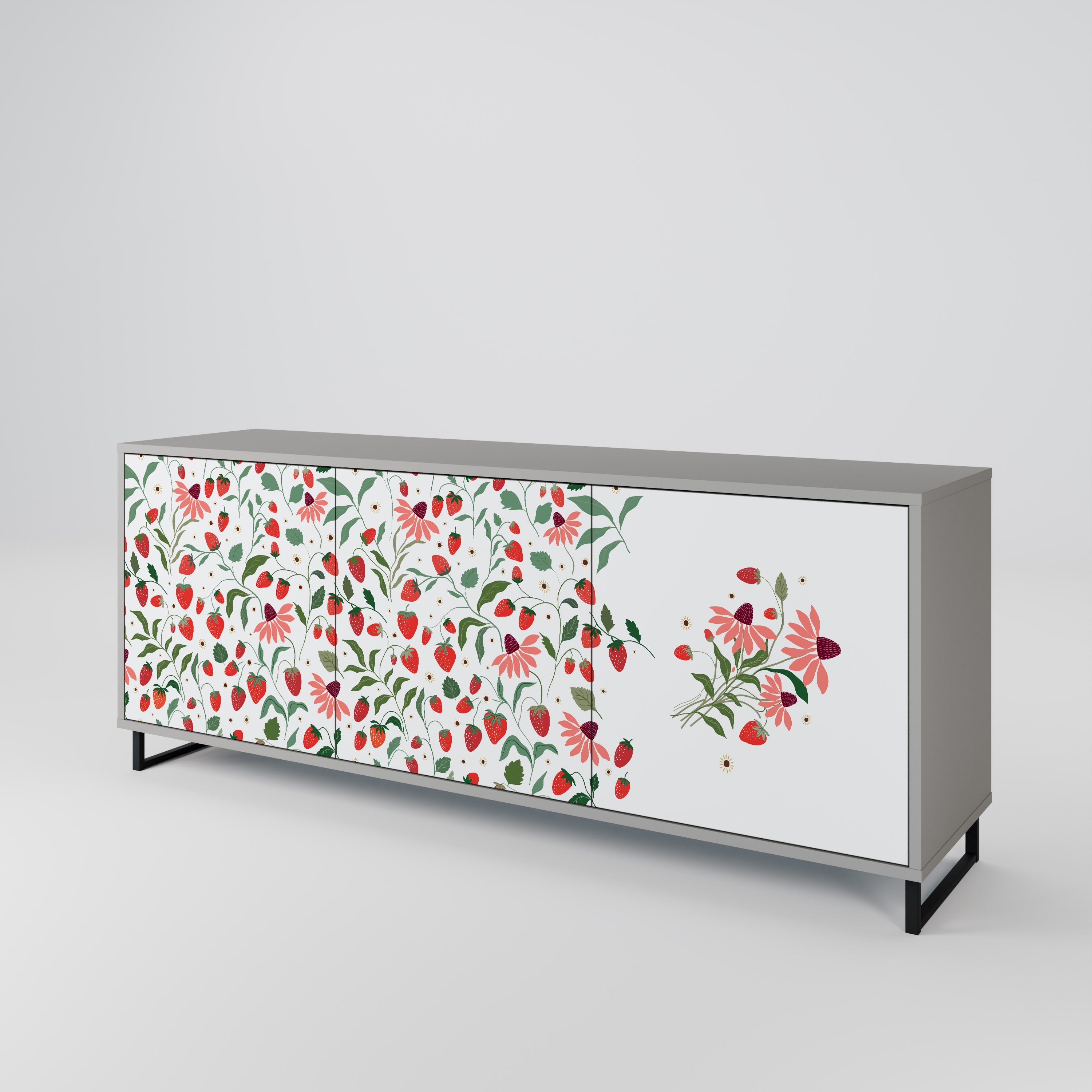 Μπουφές 3 θυρών FLOWERS AND STRAWBERRIES σε γκρι φινίρισμα