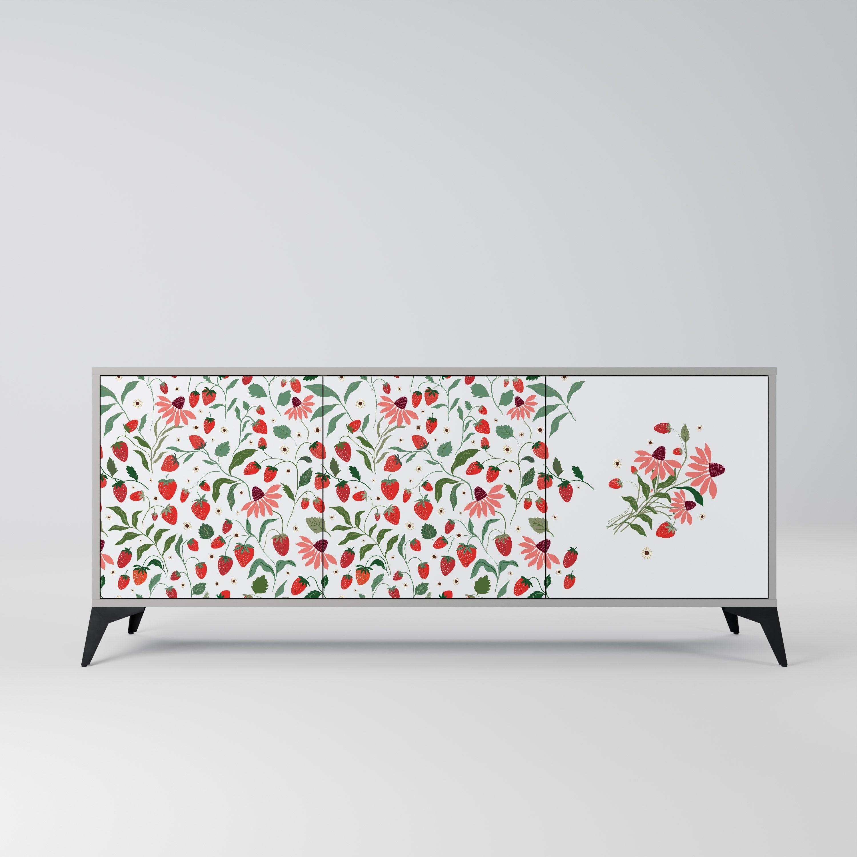 Μπουφές 3 θυρών FLOWERS AND STRAWBERRIES σε γκρι φινίρισμα