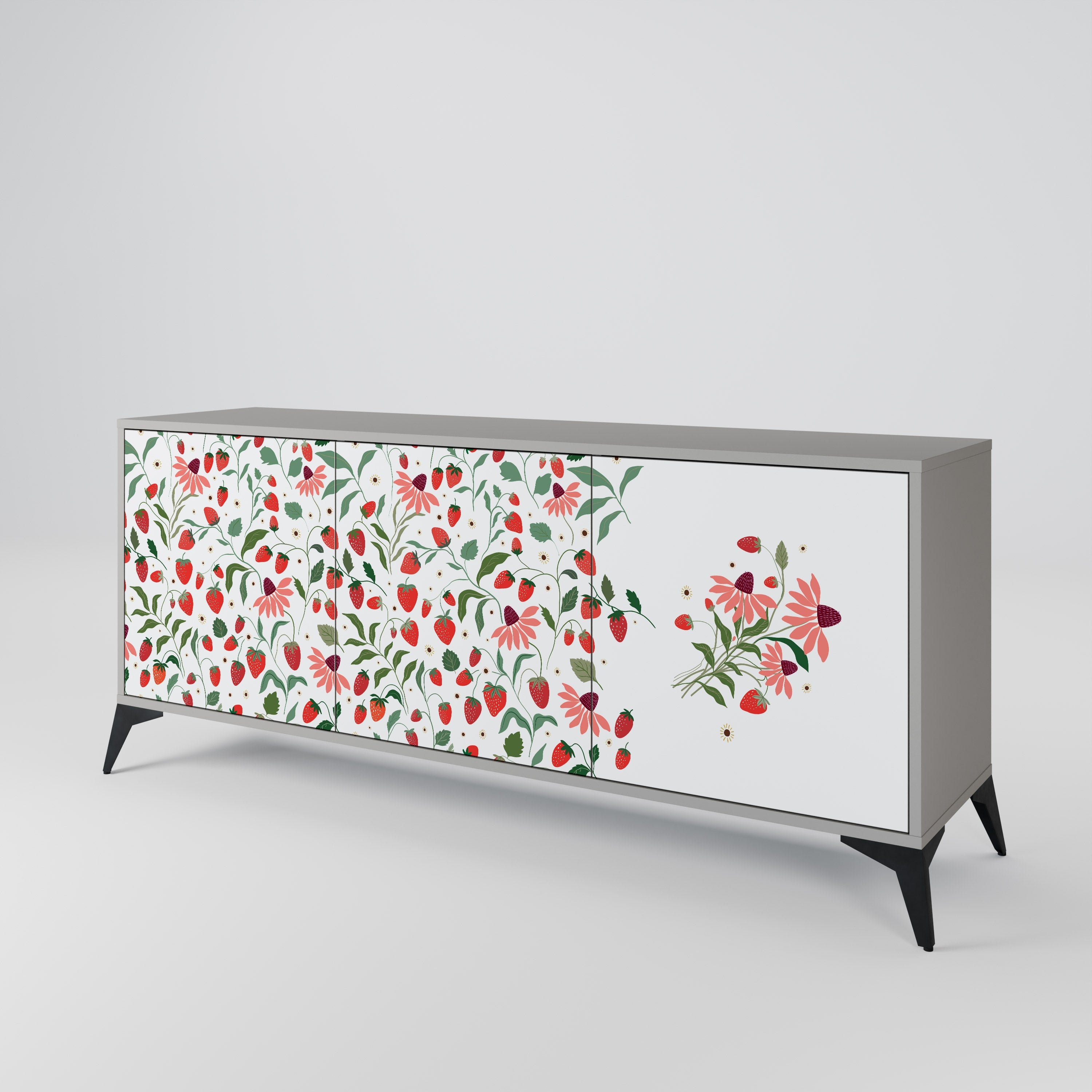 Μπουφές 3 θυρών FLOWERS AND STRAWBERRIES σε γκρι φινίρισμα