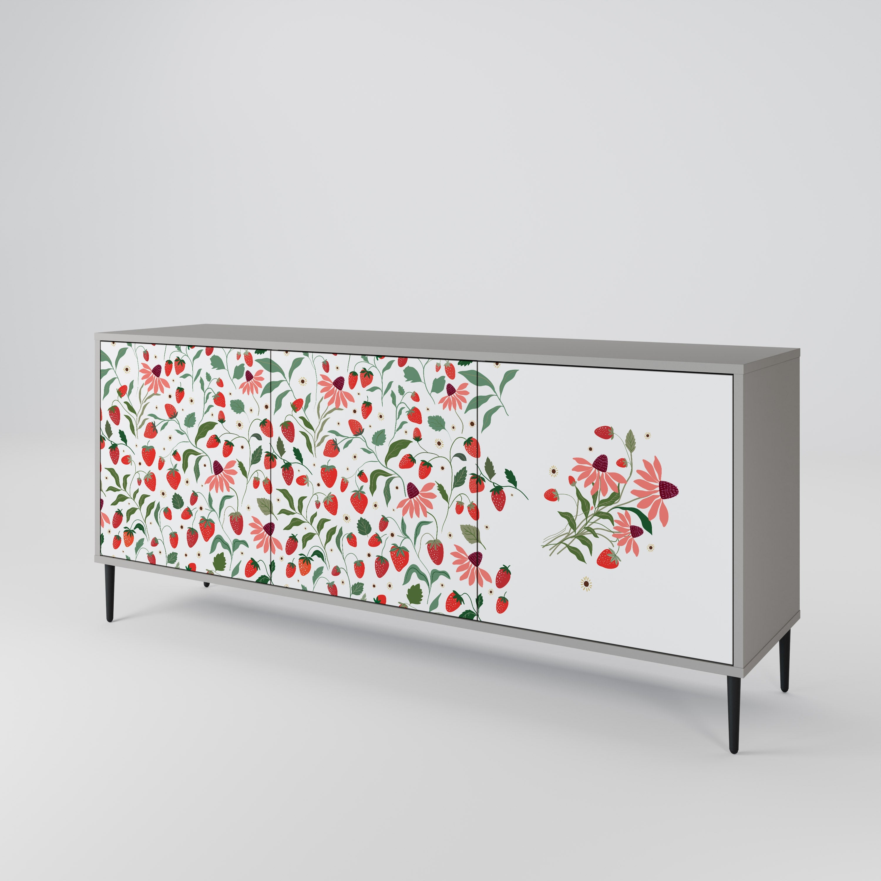 Μπουφές 3 θυρών FLOWERS AND STRAWBERRIES σε γκρι φινίρισμα