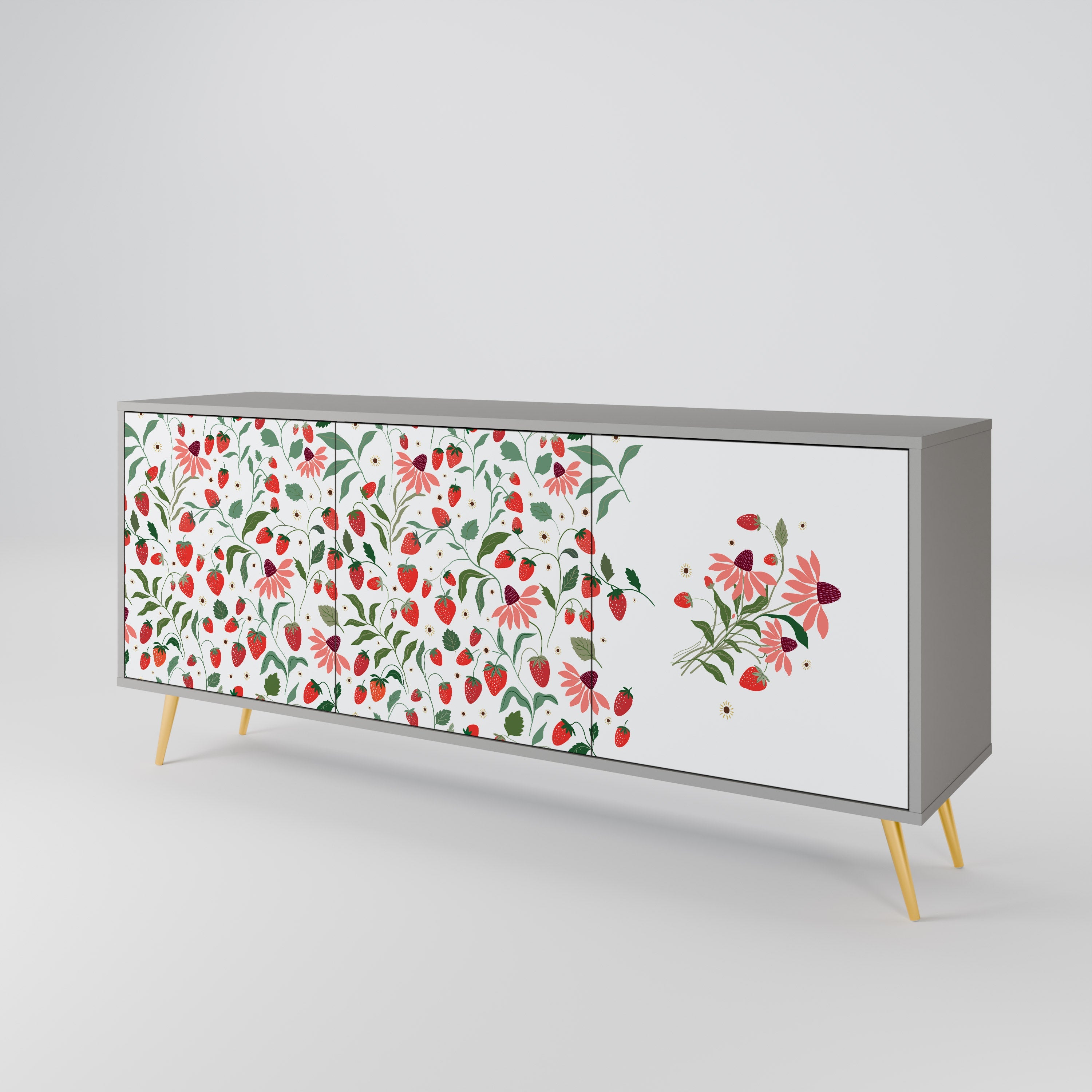 Μπουφές 3 θυρών FLOWERS AND STRAWBERRIES σε γκρι φινίρισμα