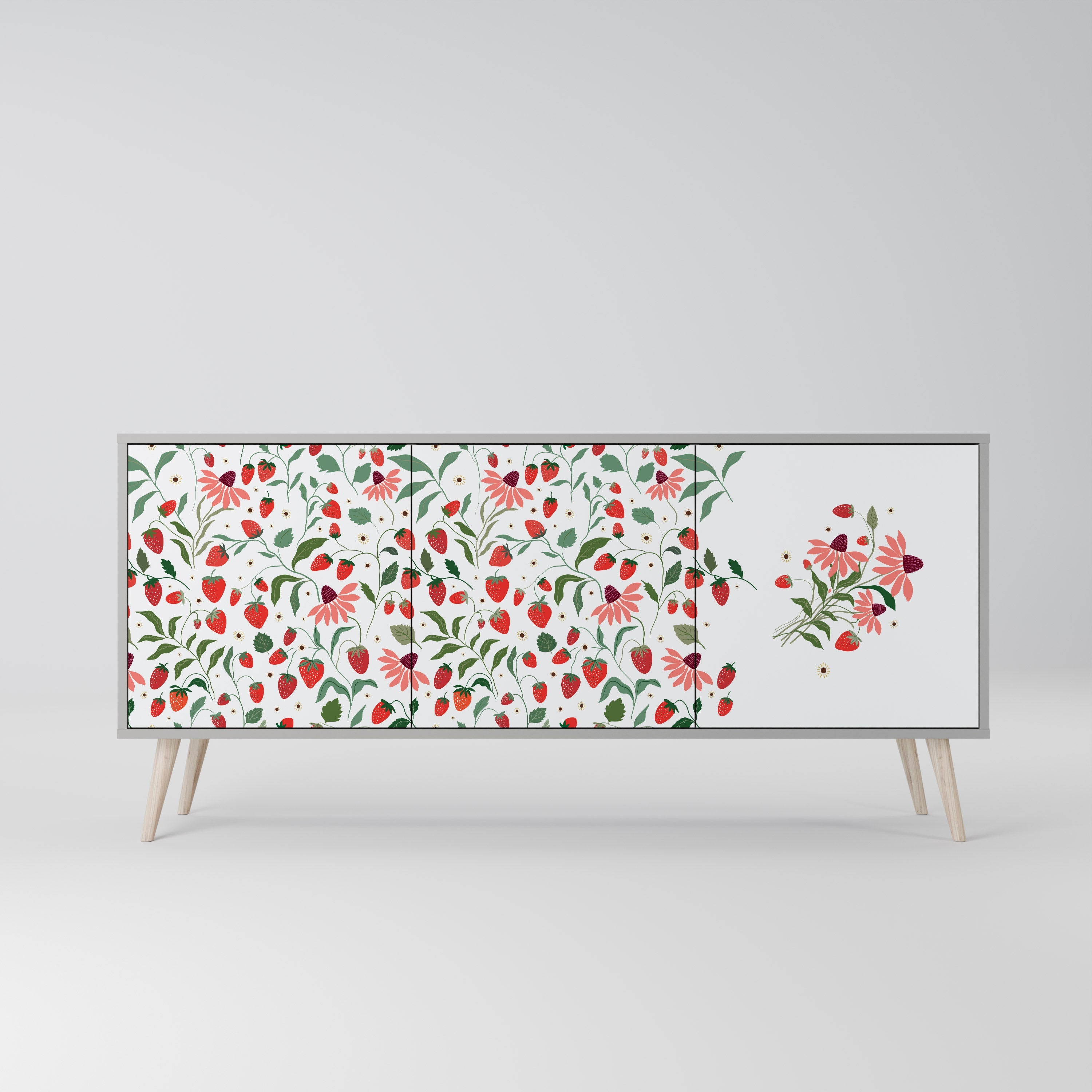Μπουφές 3 θυρών FLOWERS AND STRAWBERRIES σε γκρι φινίρισμα