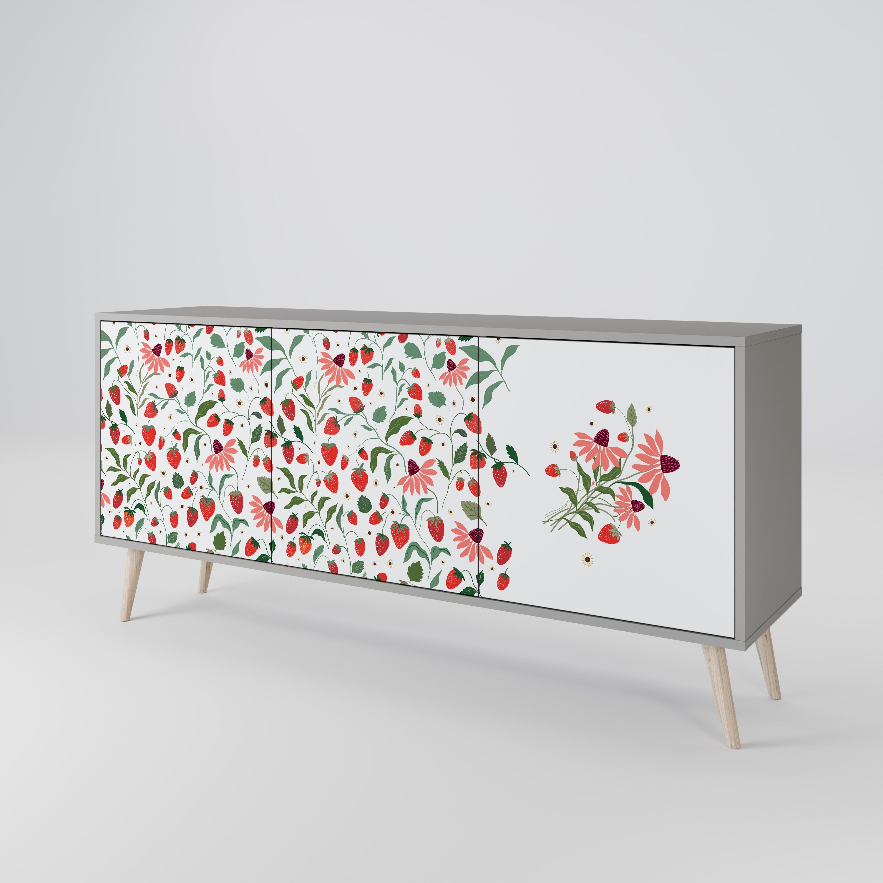 Μπουφές 3 θυρών FLOWERS AND STRAWBERRIES σε γκρι φινίρισμα