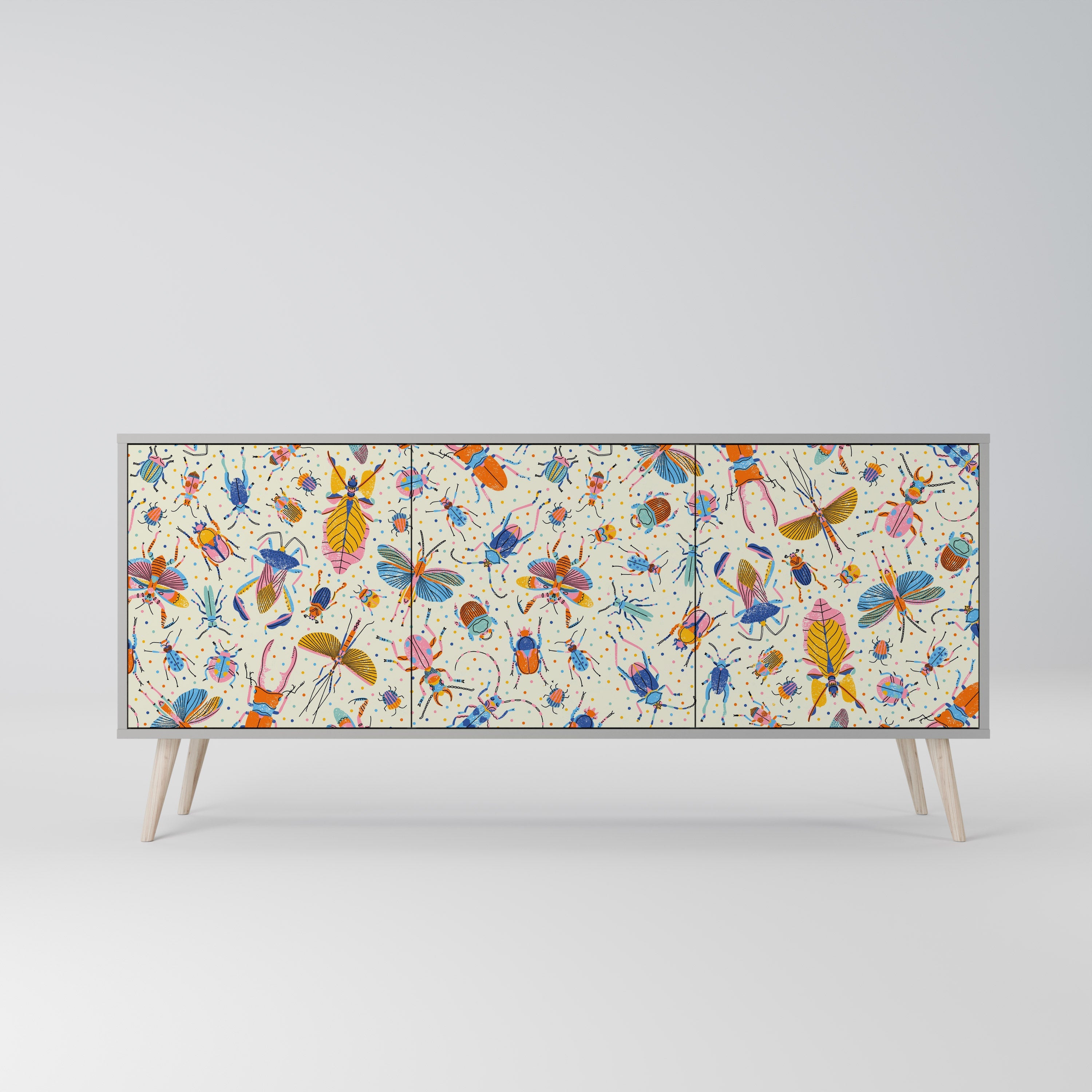COLORFUL INSECTS 3-Door Sideboard in Grey Finish