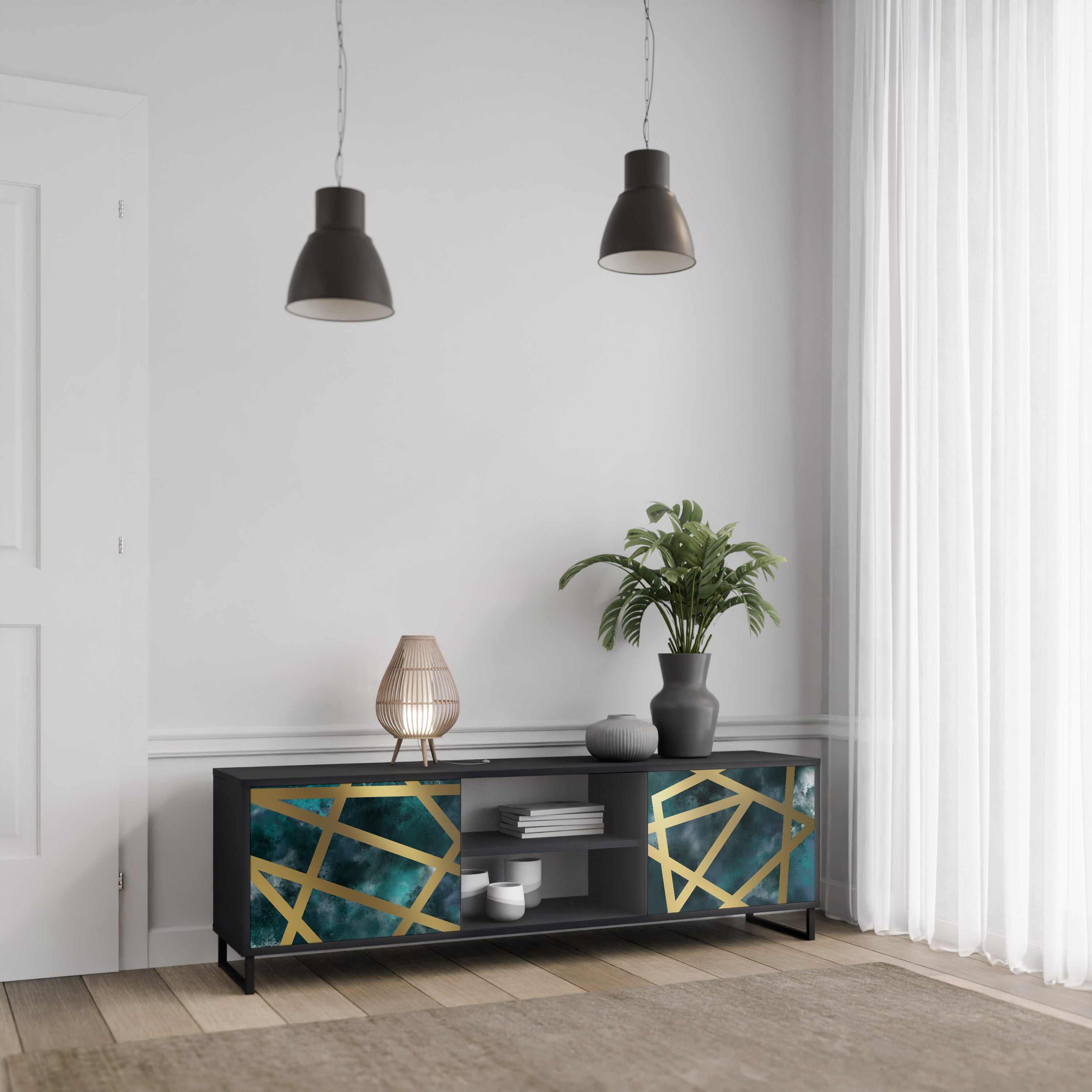 THE LABYRINTH OF GOLD 2-Door TV Stand in Black Finish
