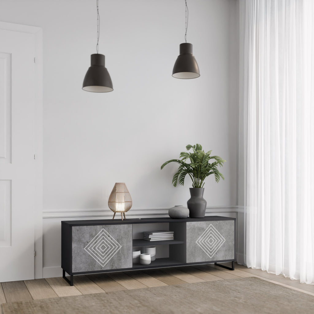 Βάση τηλεόρασης POLYGONAL ARTISTRY με 2 πόρτες σε μαύρο φινίρισμα