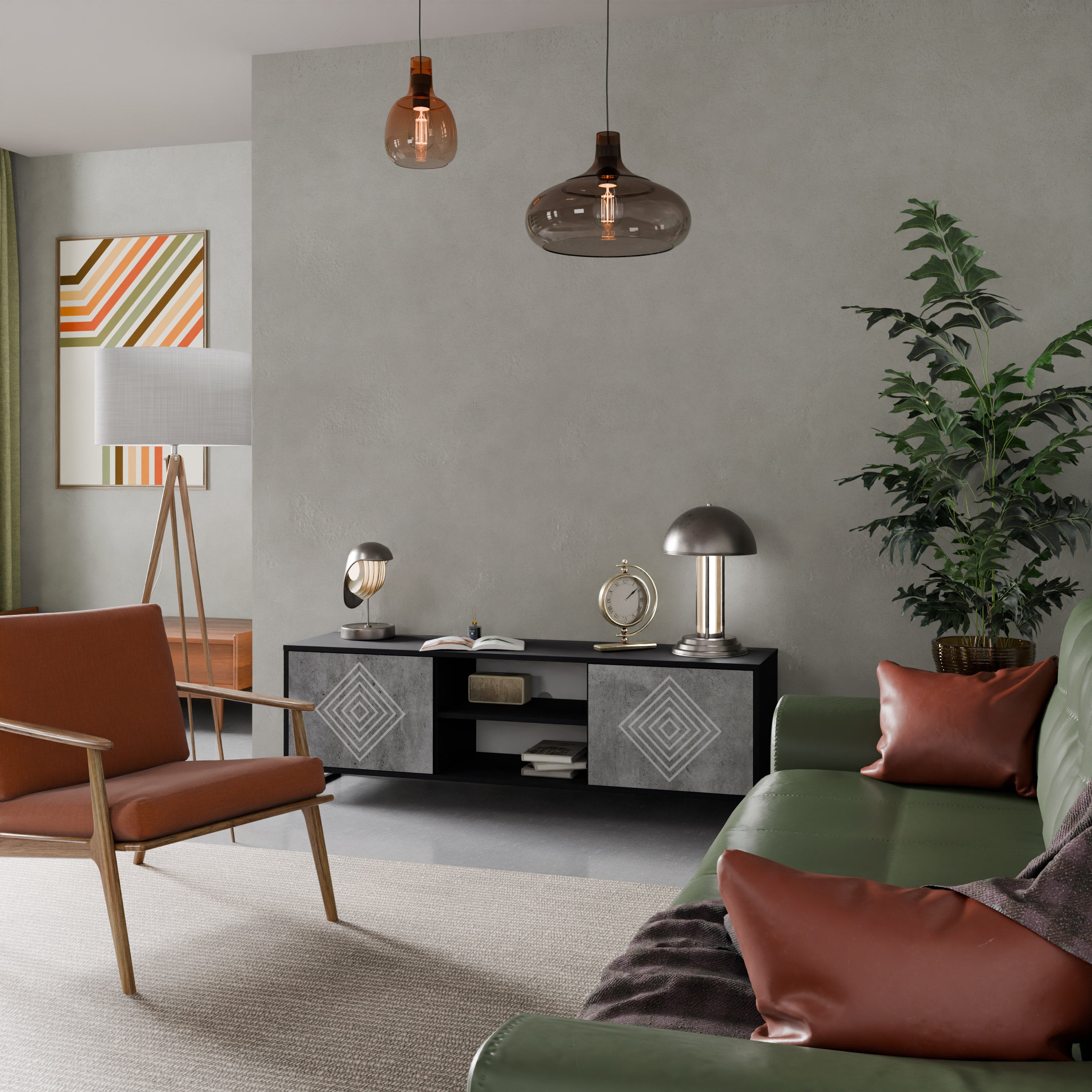 Βάση τηλεόρασης POLYGONAL ARTISTRY με 2 πόρτες σε μαύρο φινίρισμα