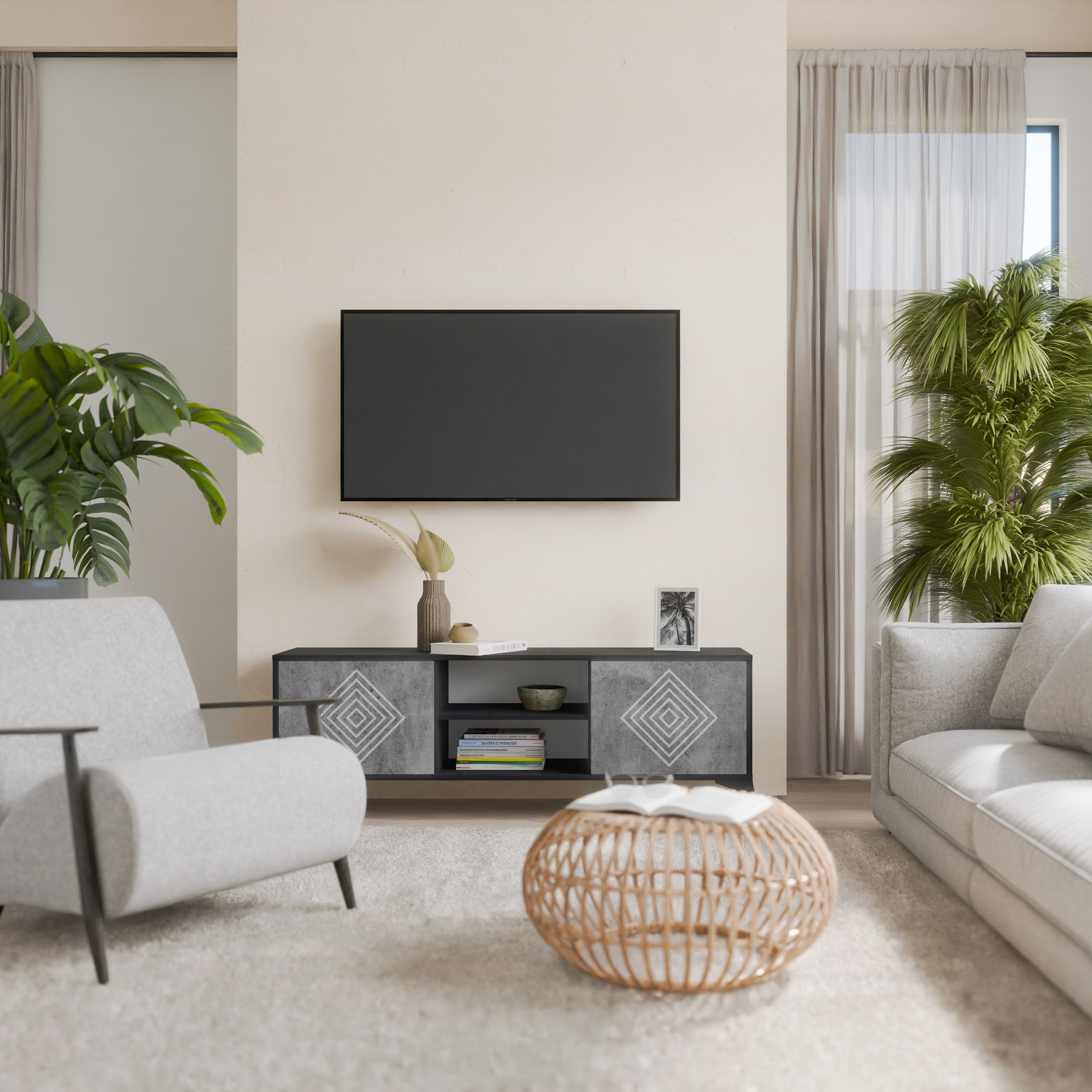 Βάση τηλεόρασης POLYGONAL ARTISTRY με 2 πόρτες σε μαύρο φινίρισμα