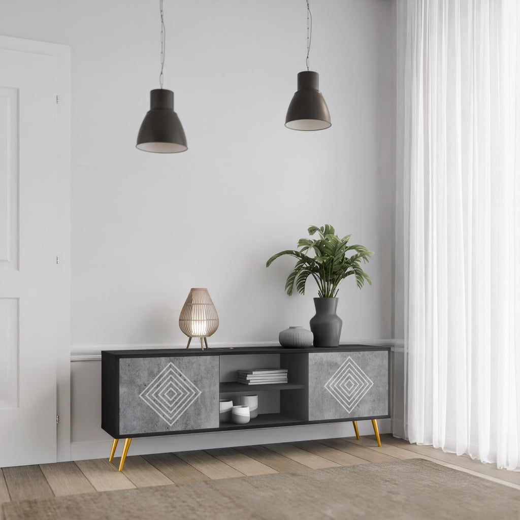 Βάση τηλεόρασης POLYGONAL ARTISTRY με 2 πόρτες σε μαύρο φινίρισμα