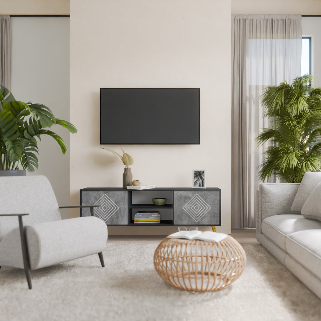 Βάση τηλεόρασης POLYGONAL ARTISTRY με 2 πόρτες σε μαύρο φινίρισμα