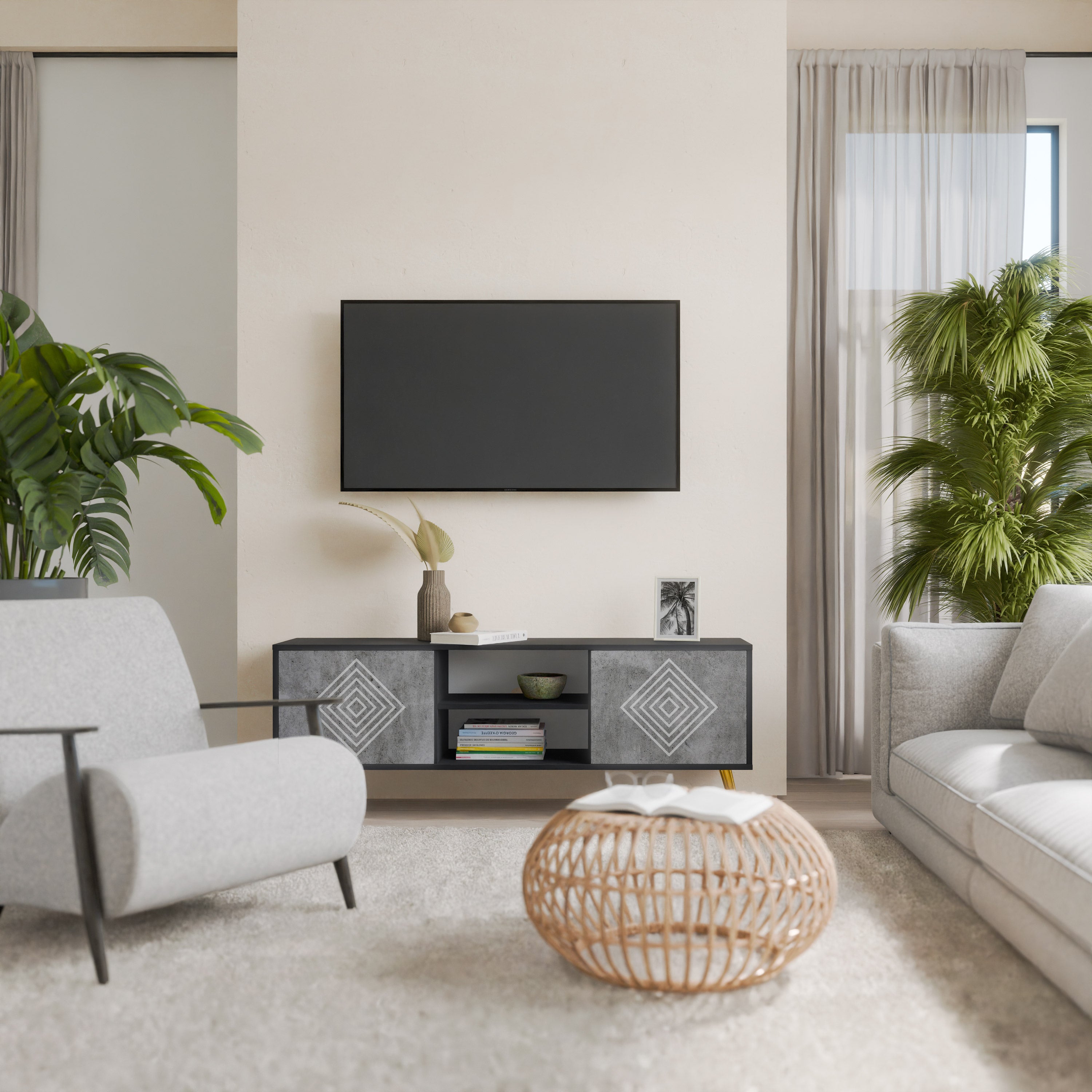 Βάση τηλεόρασης POLYGONAL ARTISTRY με 2 πόρτες σε μαύρο φινίρισμα