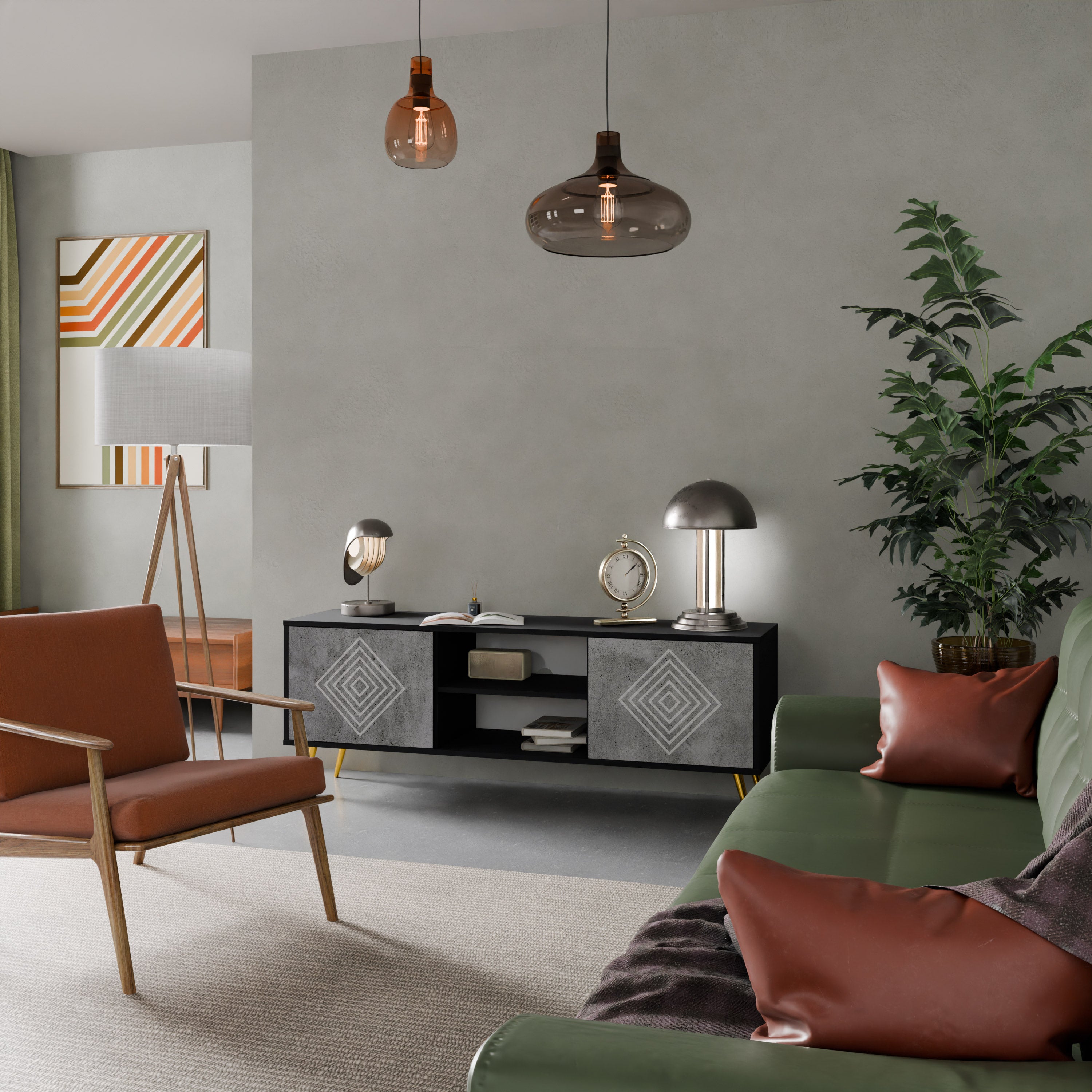 Βάση τηλεόρασης POLYGONAL ARTISTRY με 2 πόρτες σε μαύρο φινίρισμα