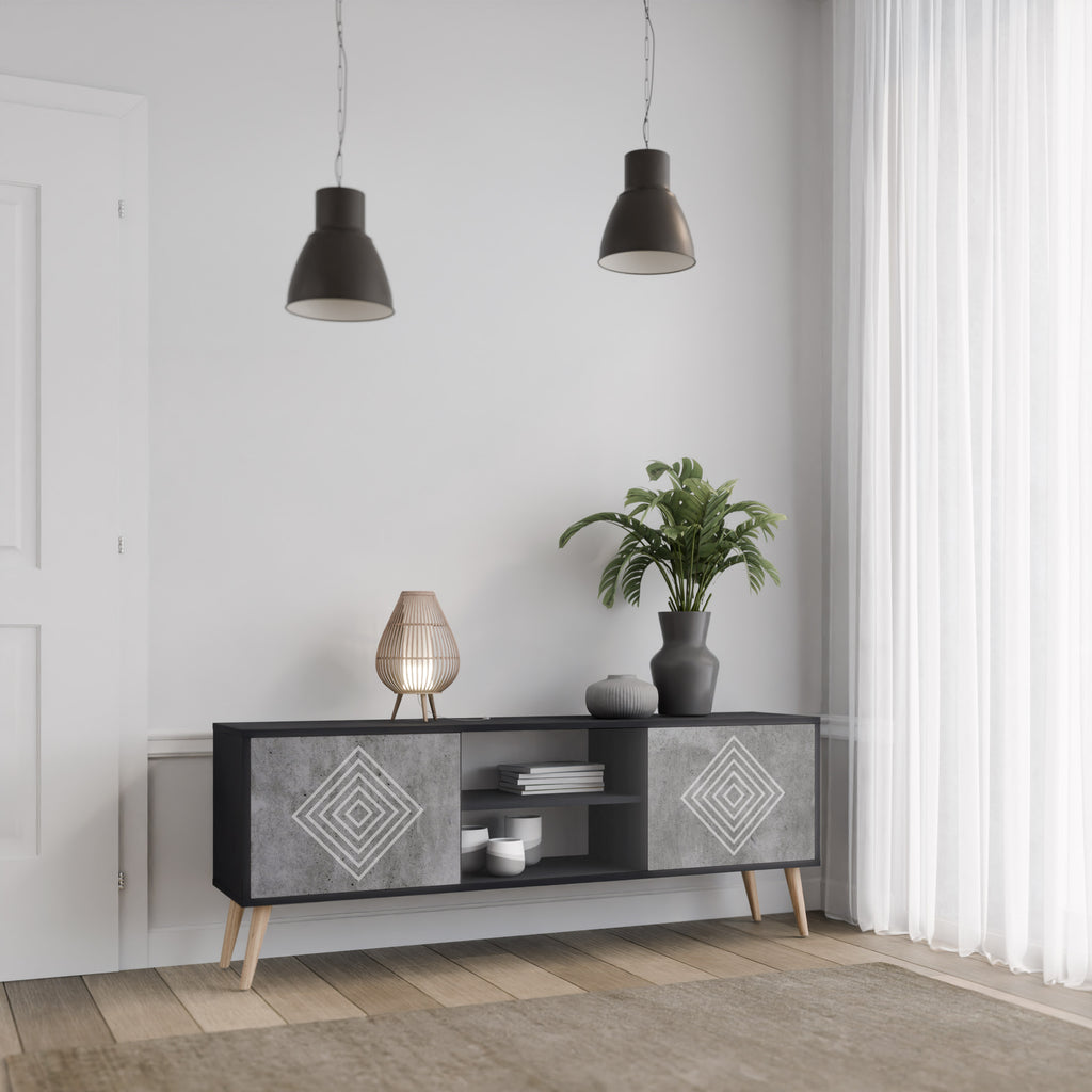 Βάση τηλεόρασης POLYGONAL ARTISTRY με 2 πόρτες σε μαύρο φινίρισμα