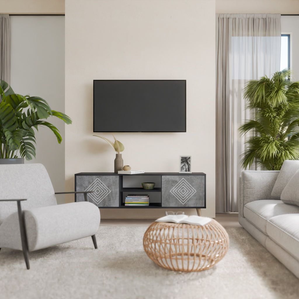 Βάση τηλεόρασης POLYGONAL ARTISTRY με 2 πόρτες σε μαύρο φινίρισμα