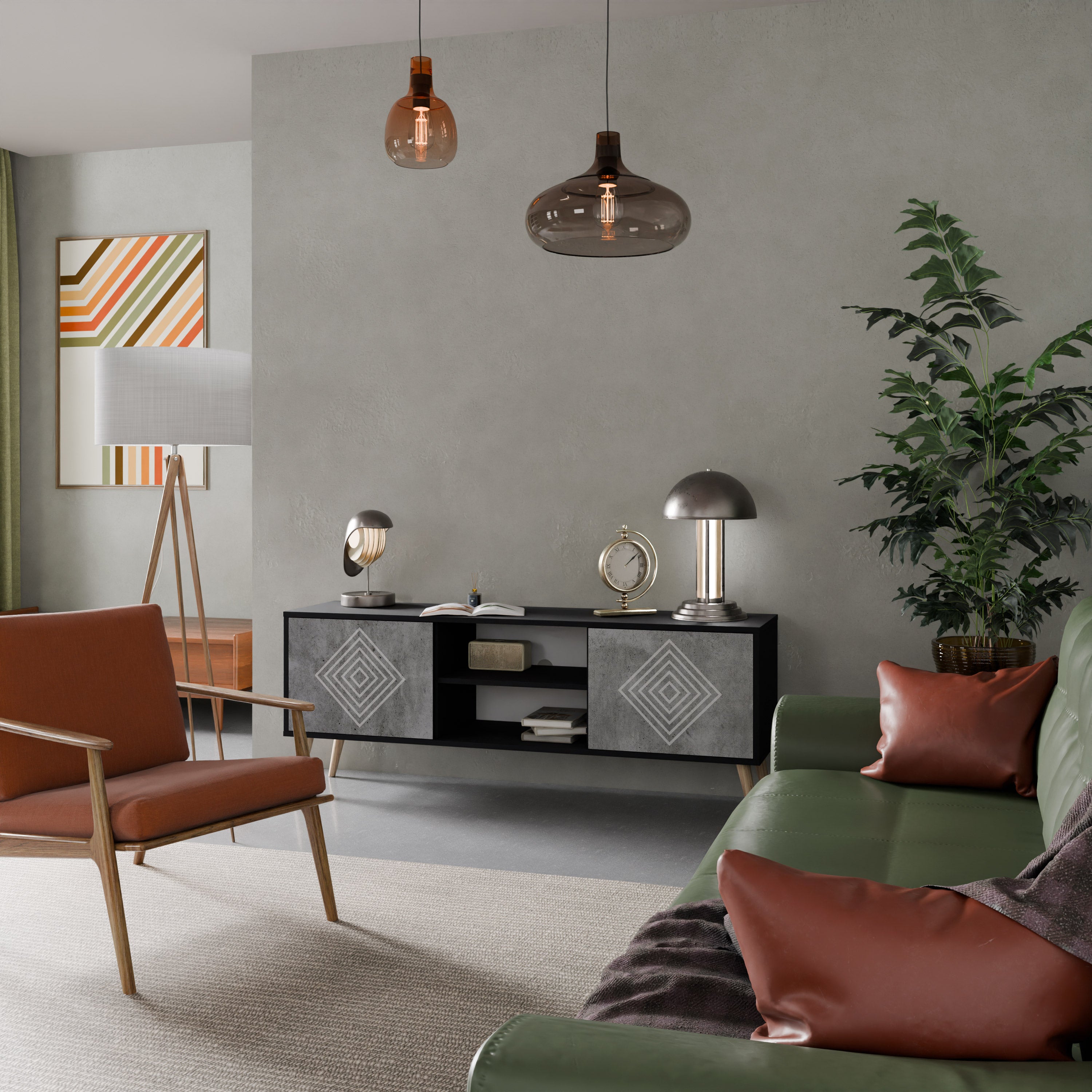 Βάση τηλεόρασης POLYGONAL ARTISTRY με 2 πόρτες σε μαύρο φινίρισμα