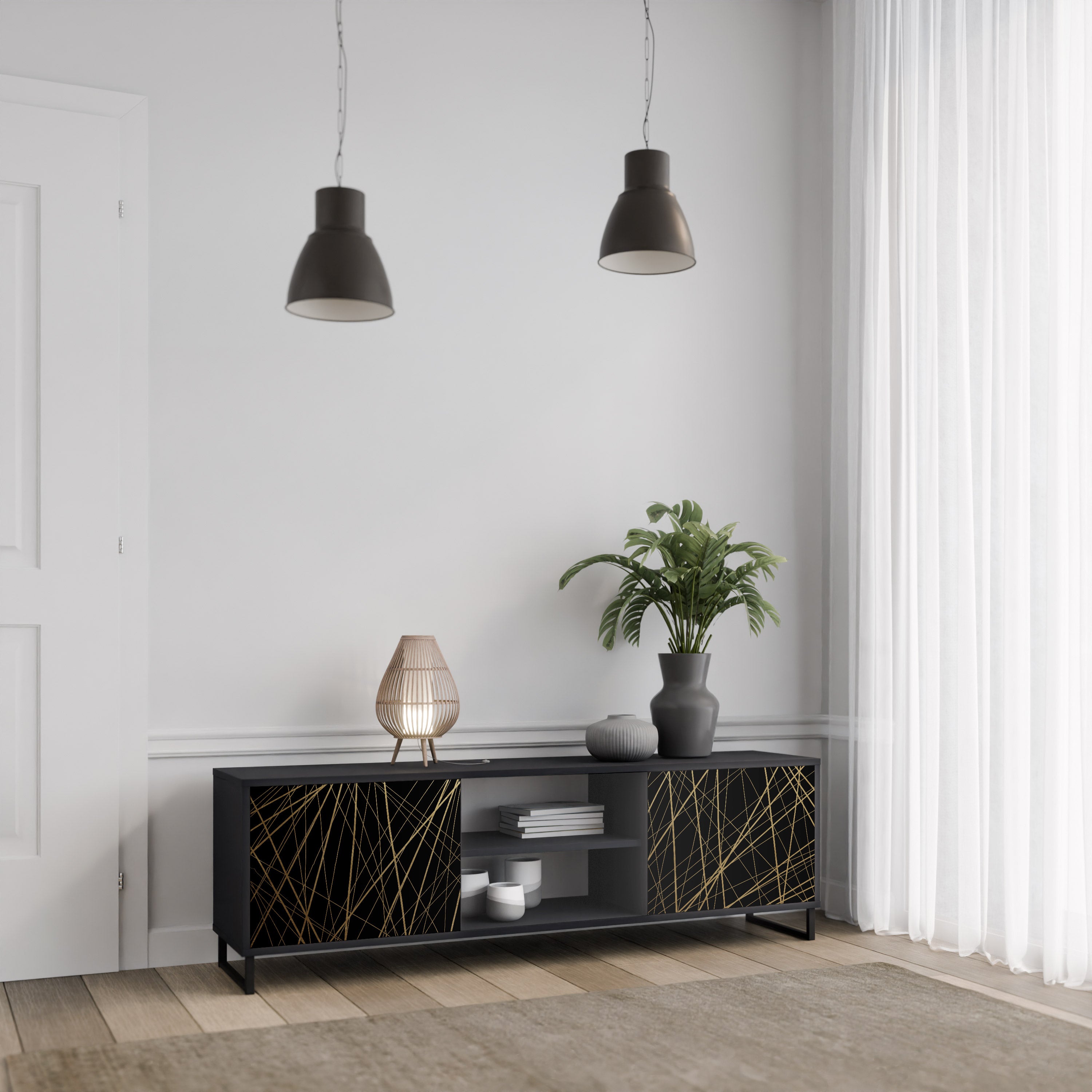 Βάση τηλεόρασης BRIGHT MESH 2 πορτών σε μαύρο φινίρισμα