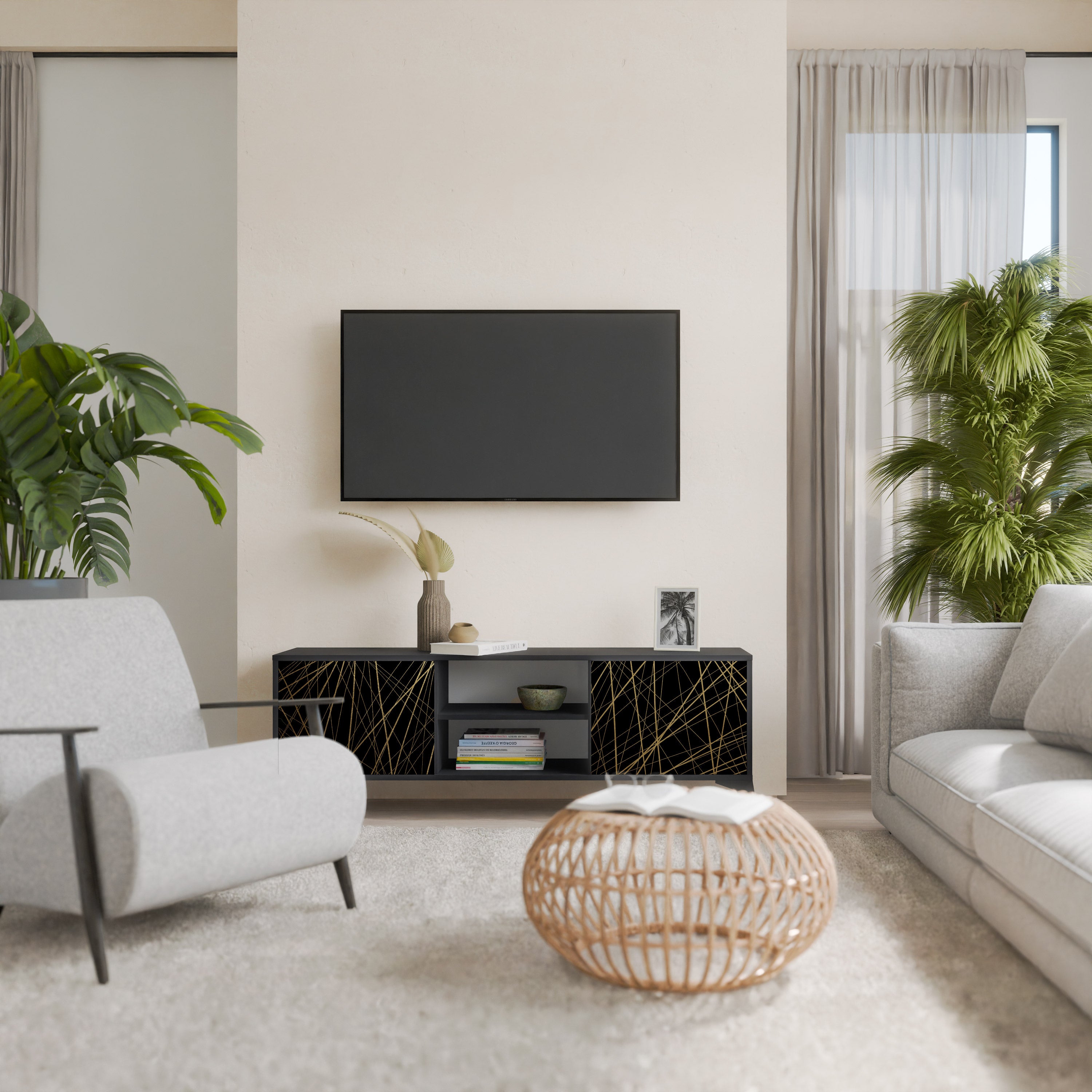 Βάση τηλεόρασης BRIGHT MESH 2 πορτών σε μαύρο φινίρισμα
