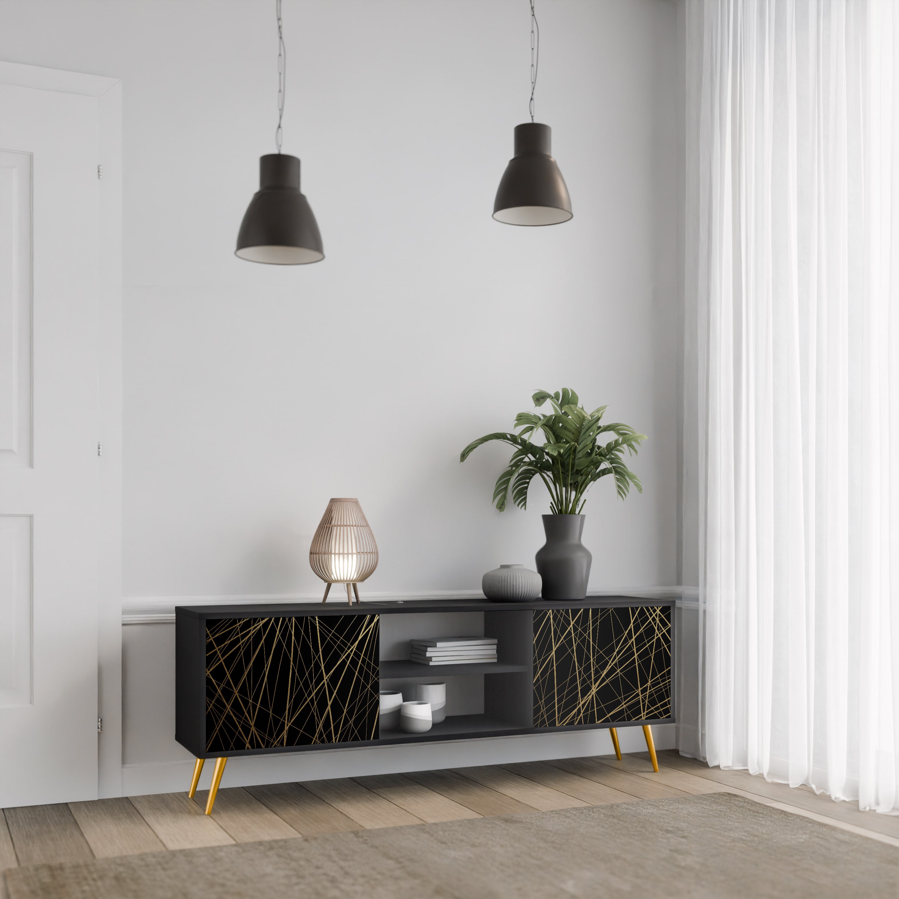 Βάση τηλεόρασης BRIGHT MESH 2 πορτών σε μαύρο φινίρισμα