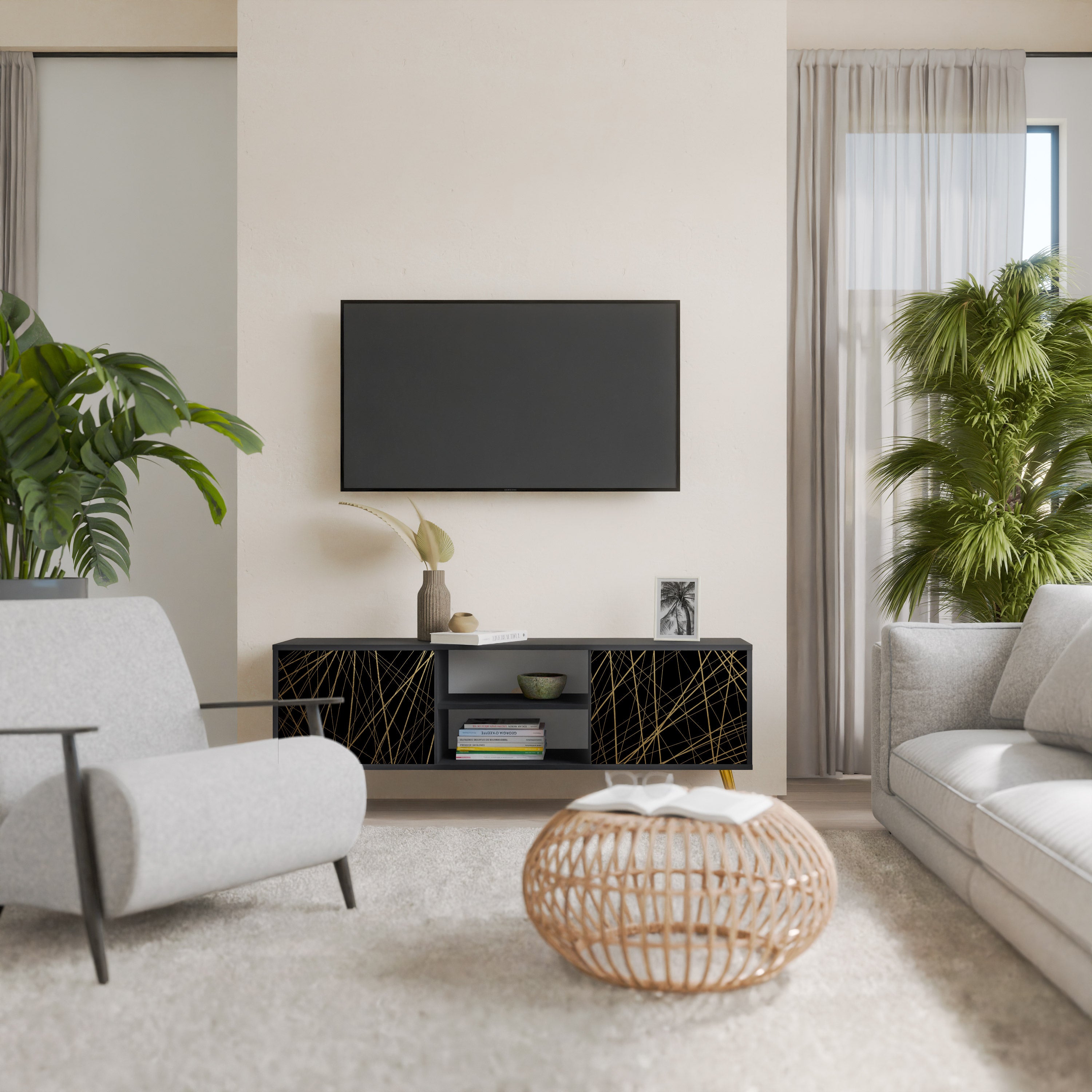 Βάση τηλεόρασης BRIGHT MESH 2 πορτών σε μαύρο φινίρισμα