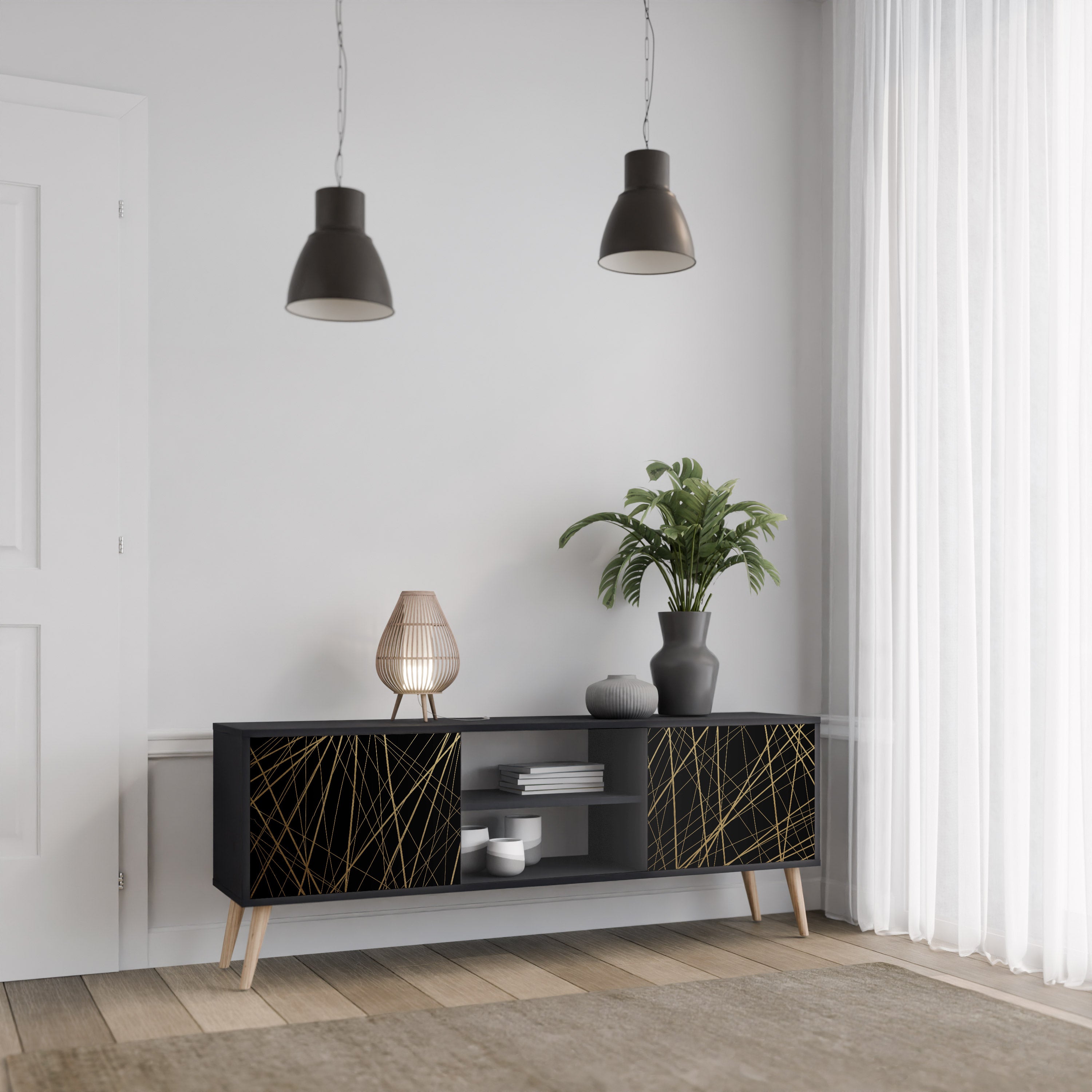 Βάση τηλεόρασης BRIGHT MESH 2 πορτών σε μαύρο φινίρισμα