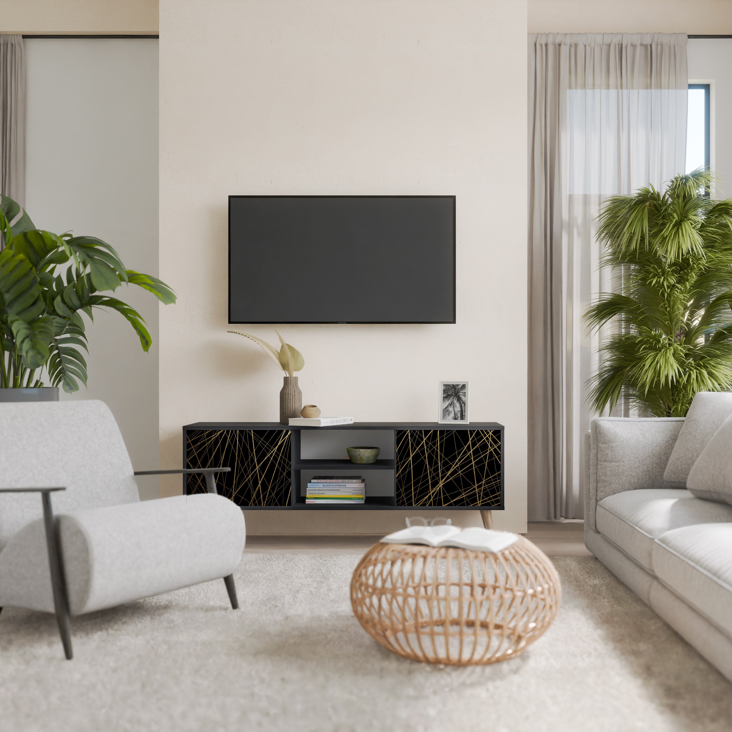 Βάση τηλεόρασης BRIGHT MESH 2 πορτών σε μαύρο φινίρισμα
