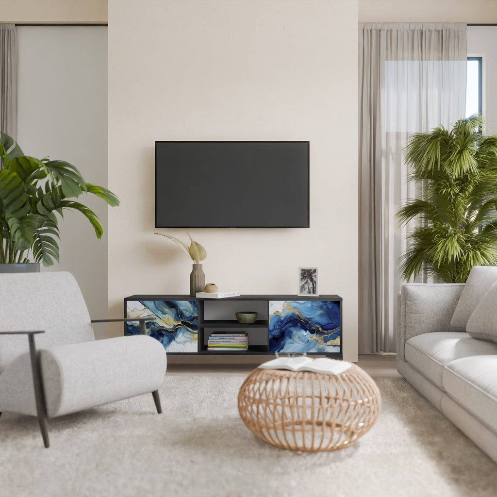 INKY MARBLE 2-Door TV Stand in Black Finish