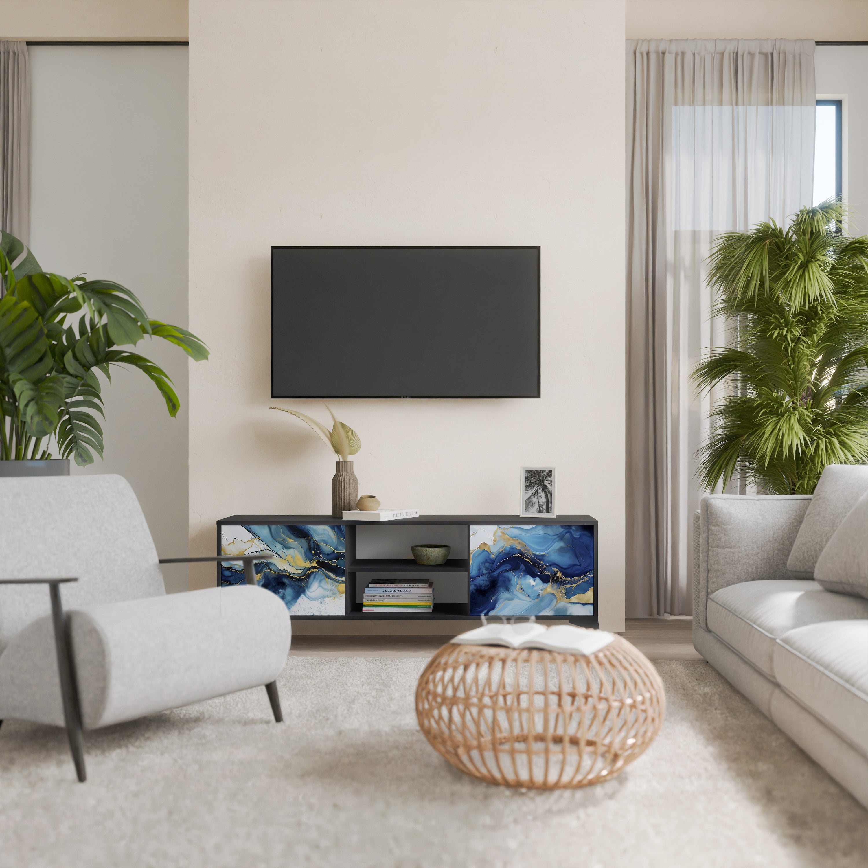 INKY MARBLE 2-Door TV Stand in Black Finish