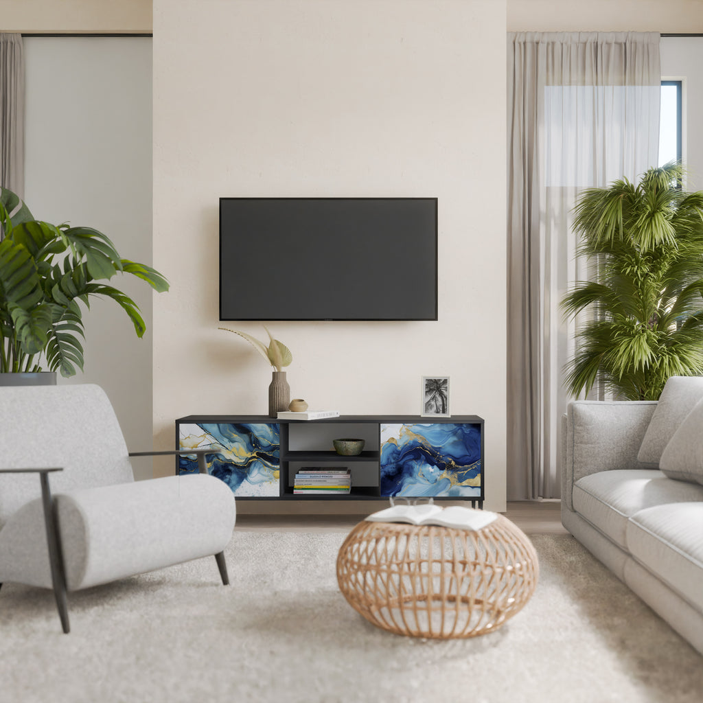 INKY MARBLE 2-Door TV Stand in Black Finish