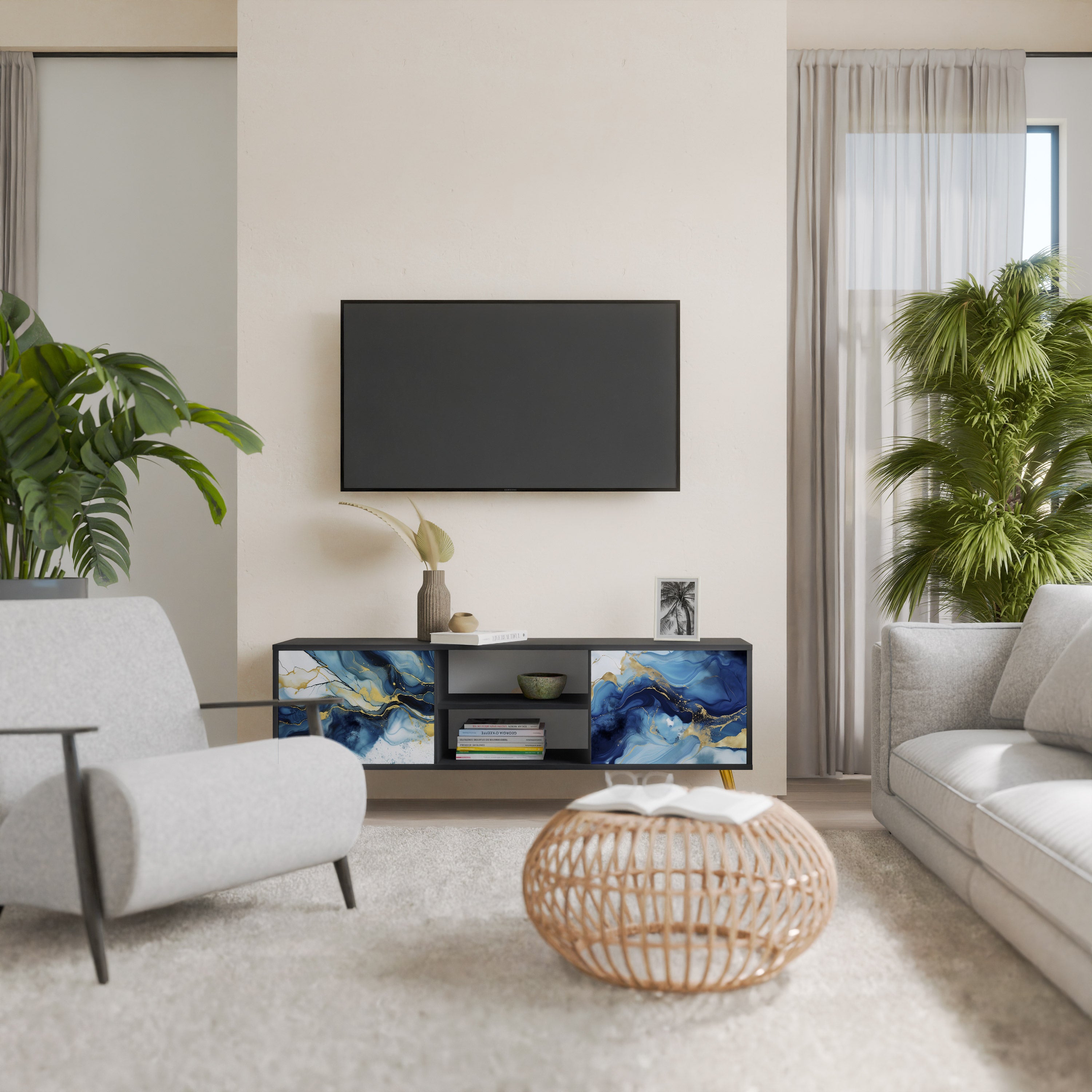 INKY MARBLE 2-Door TV Stand in Black Finish