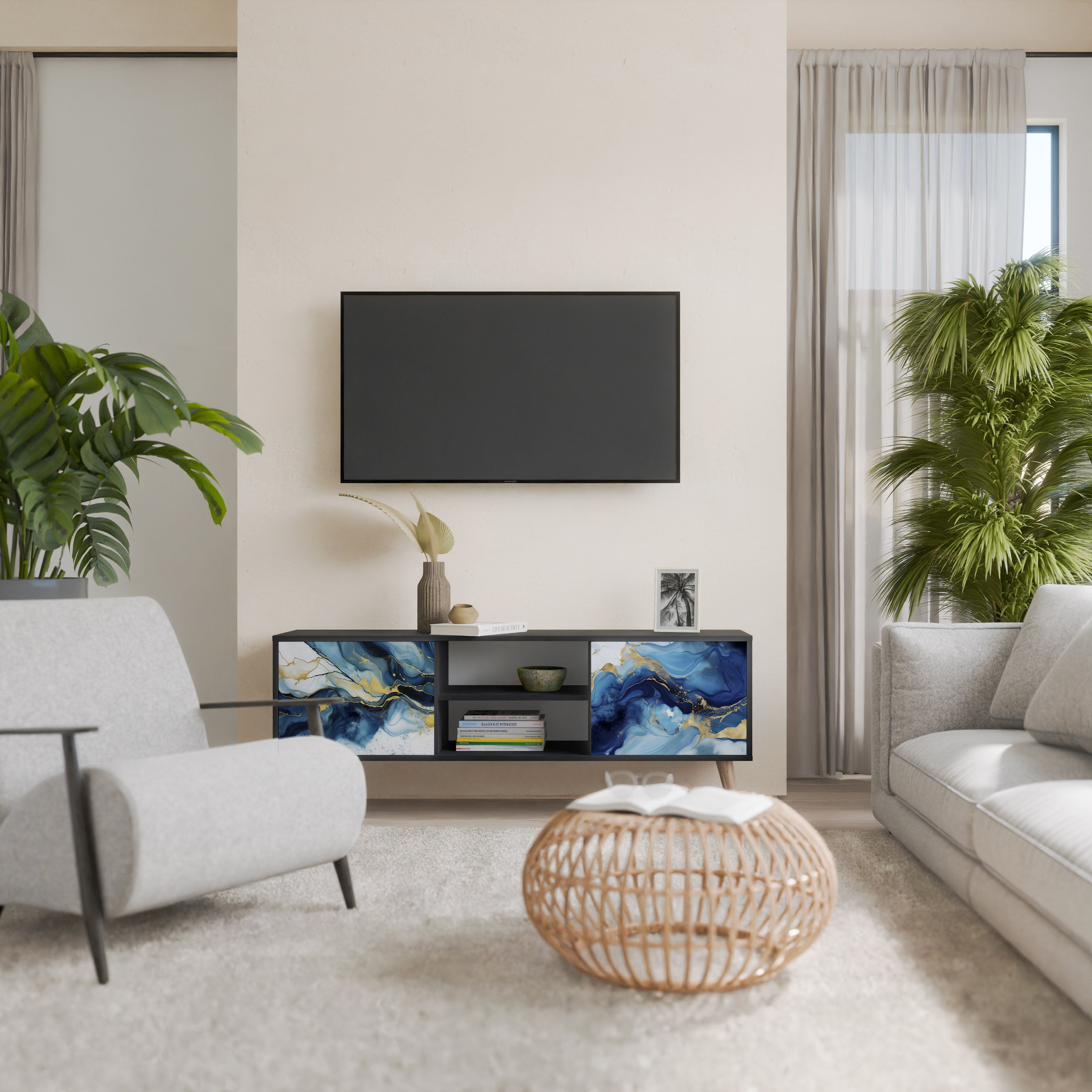 INKY MARBLE 2-Door TV Stand in Black Finish