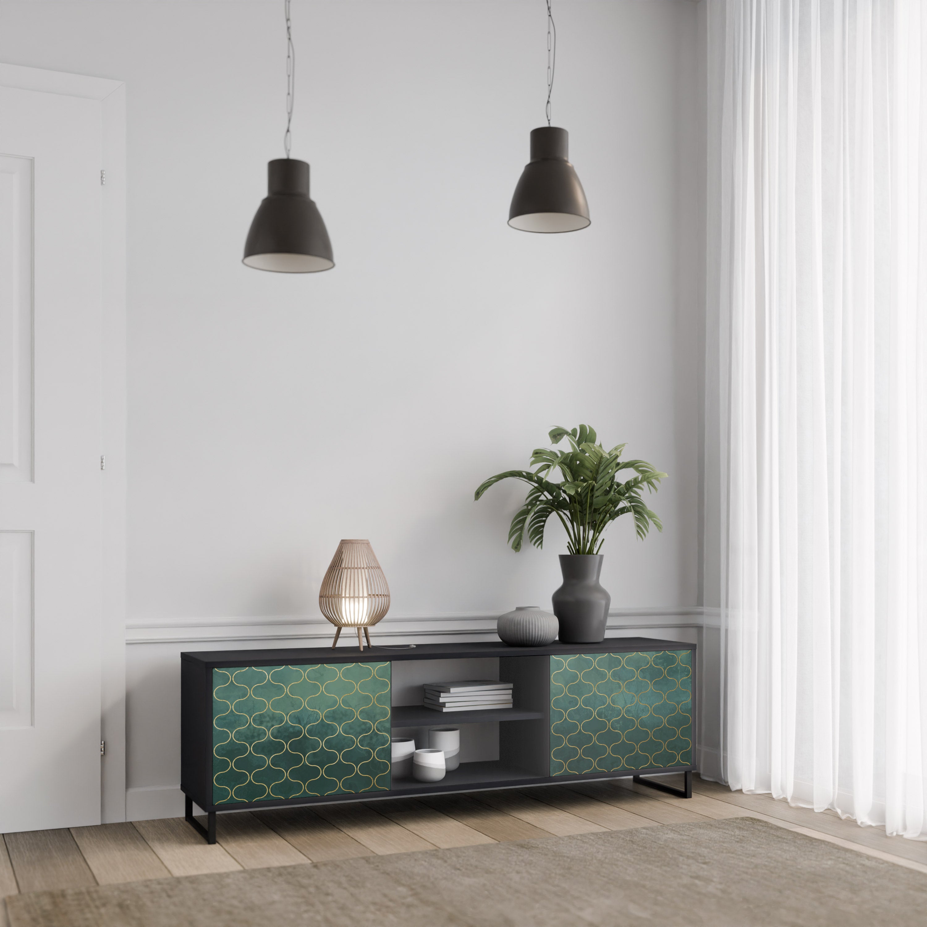 TESSELATED GREENERY 2-Door TV Stand in Black Finish