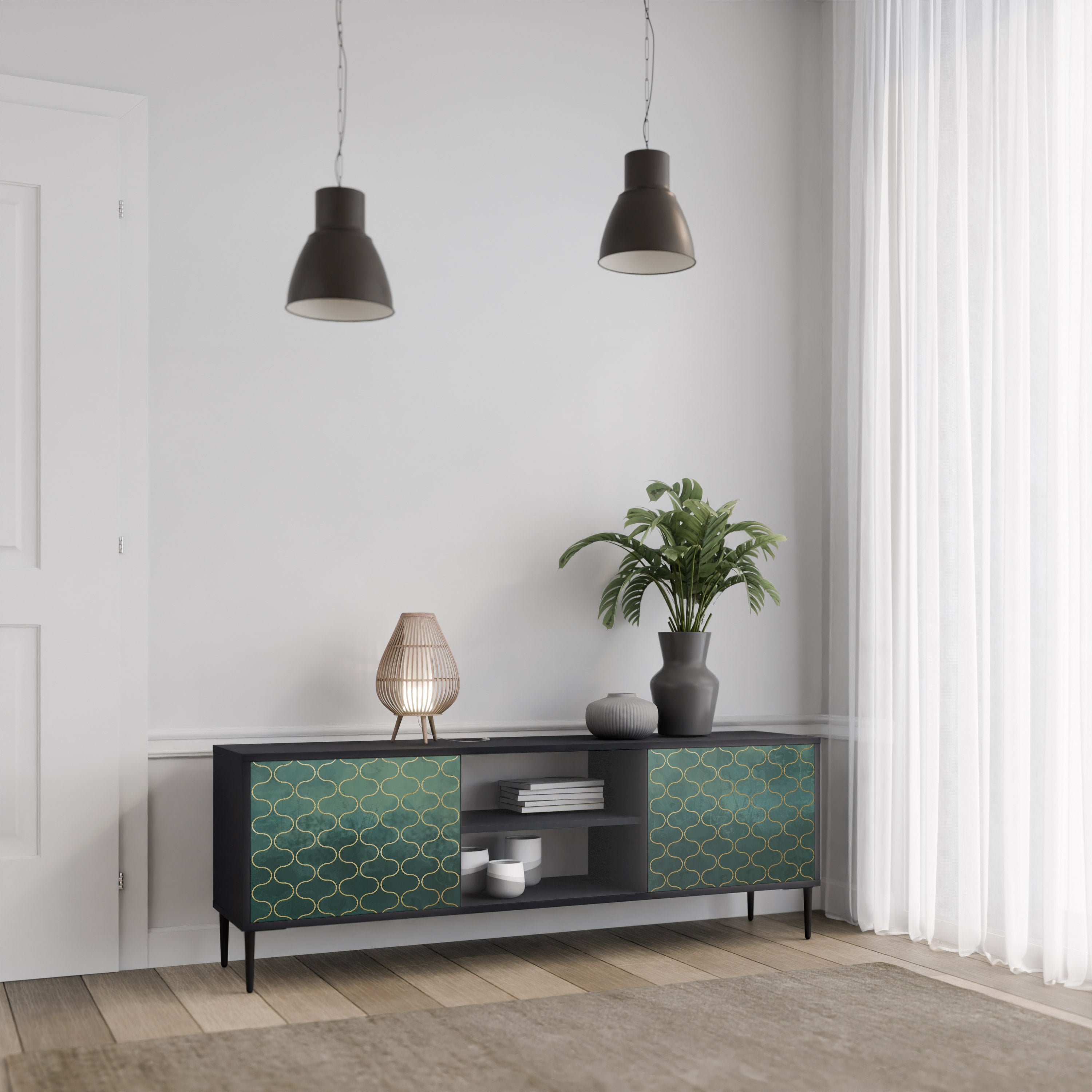 TESSELATED GREENERY 2-Door TV Stand in Black Finish