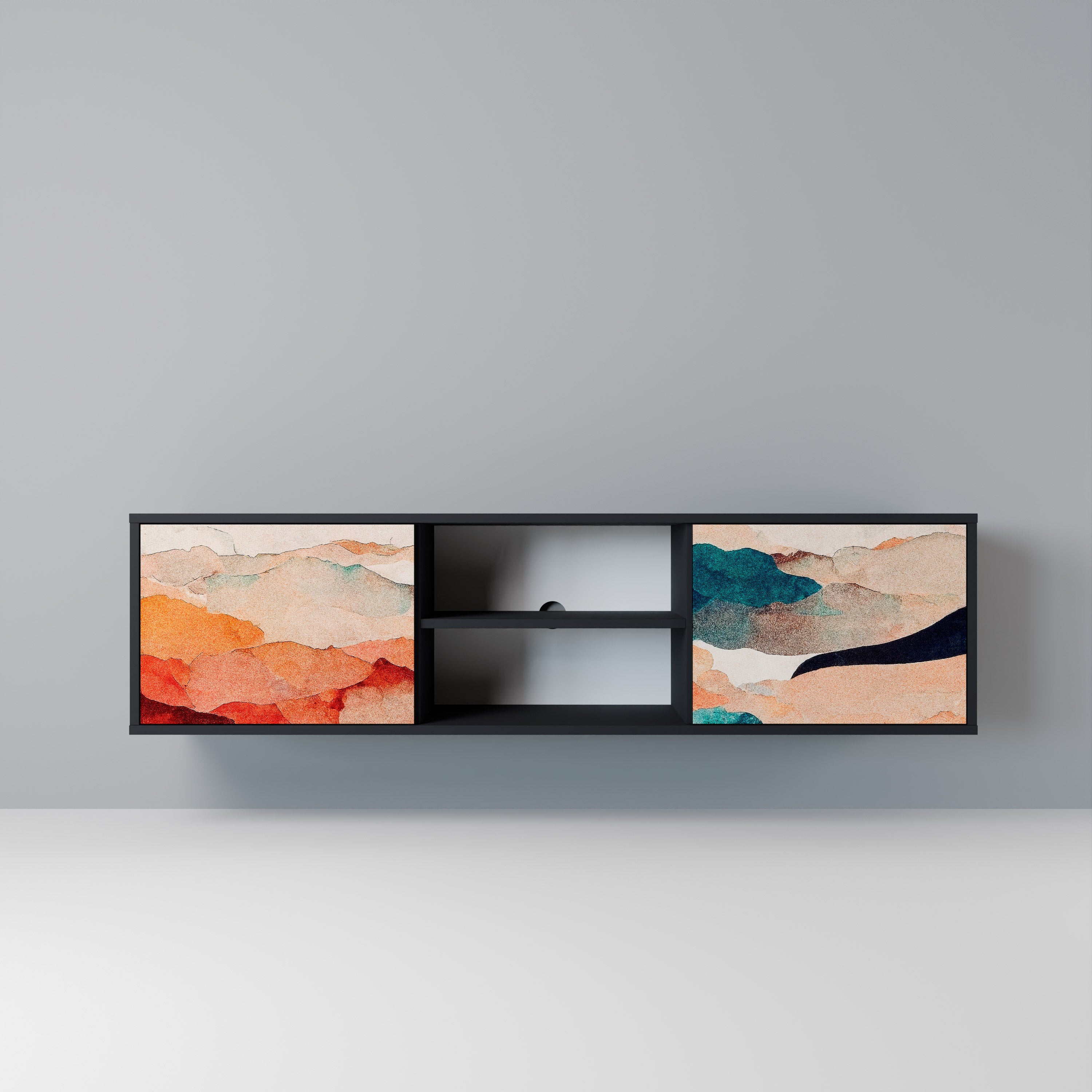 Βάση τηλεόρασης ABSTRACT LANDSCAPE με 2 πόρτες σε μαύρο φινίρισμα